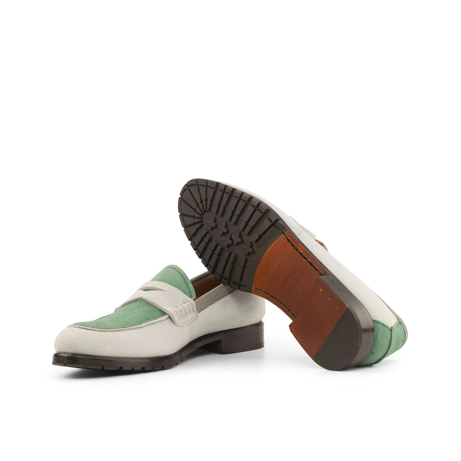 Ambrogio Bespoke Custom Women's Custom Made Shoes Gray & Green Suede / Suede Leather Penny Loafers (AMBW1013)