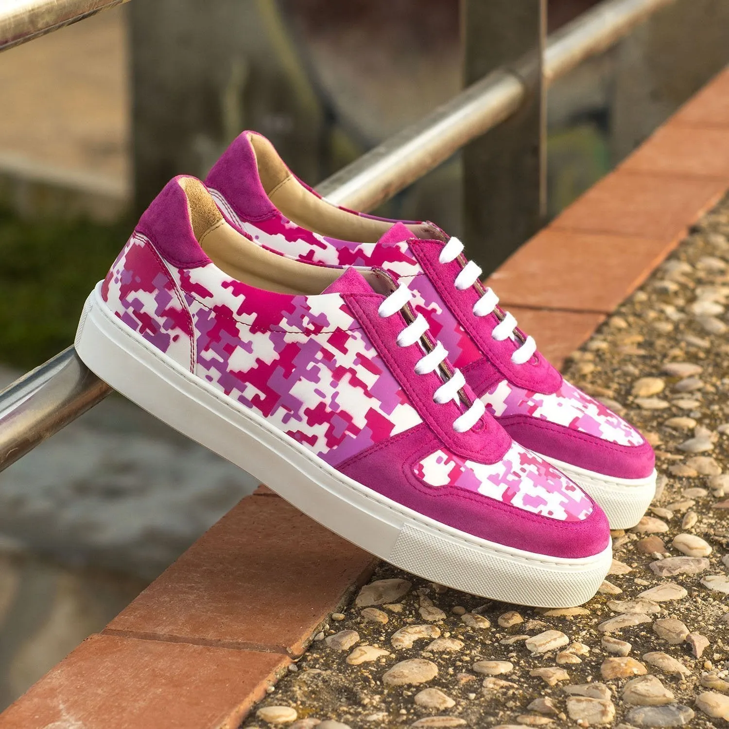 Ambrogio Bespoke Custom Women's Custom Made Shoes White & Fuchsia (Pink / Purple) Suede / Calf-Skin Leather Trainer Sneakers (AMBW1074)