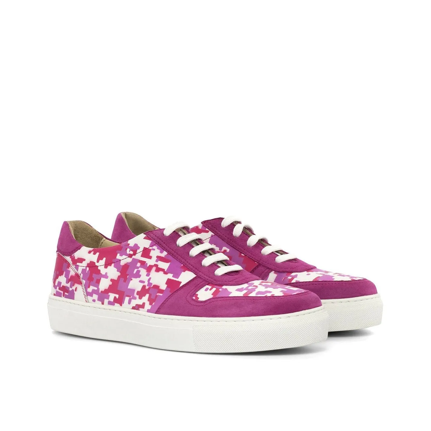 Ambrogio Bespoke Custom Women's Custom Made Shoes White & Fuchsia (Pink / Purple) Suede / Calf-Skin Leather Trainer Sneakers (AMBW1074)