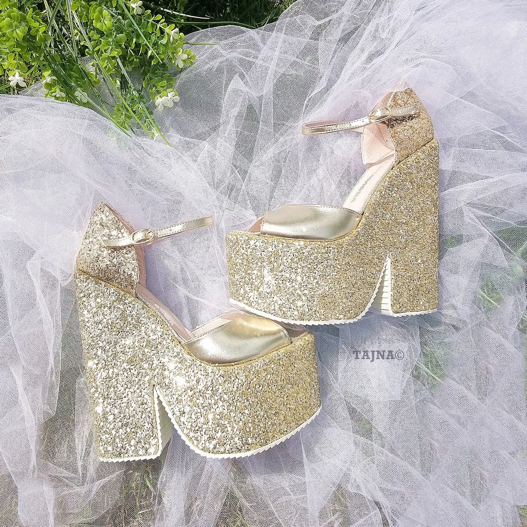 Ankle Strap Gold Shimmer Platform Wedge Sandals