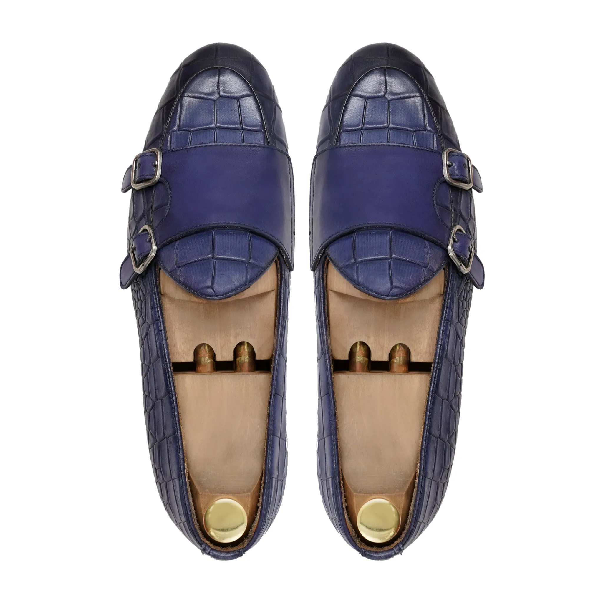 Baronia - Men's Blue Calf and Printed Crocodile Double Monkstrap