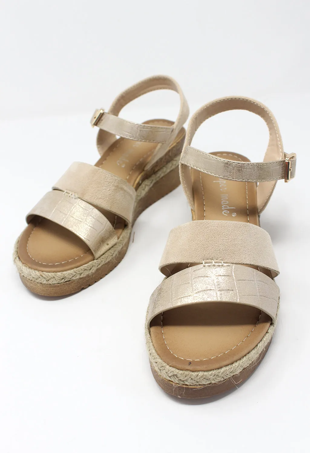 Beige Mid-Wedge Strap Sandal