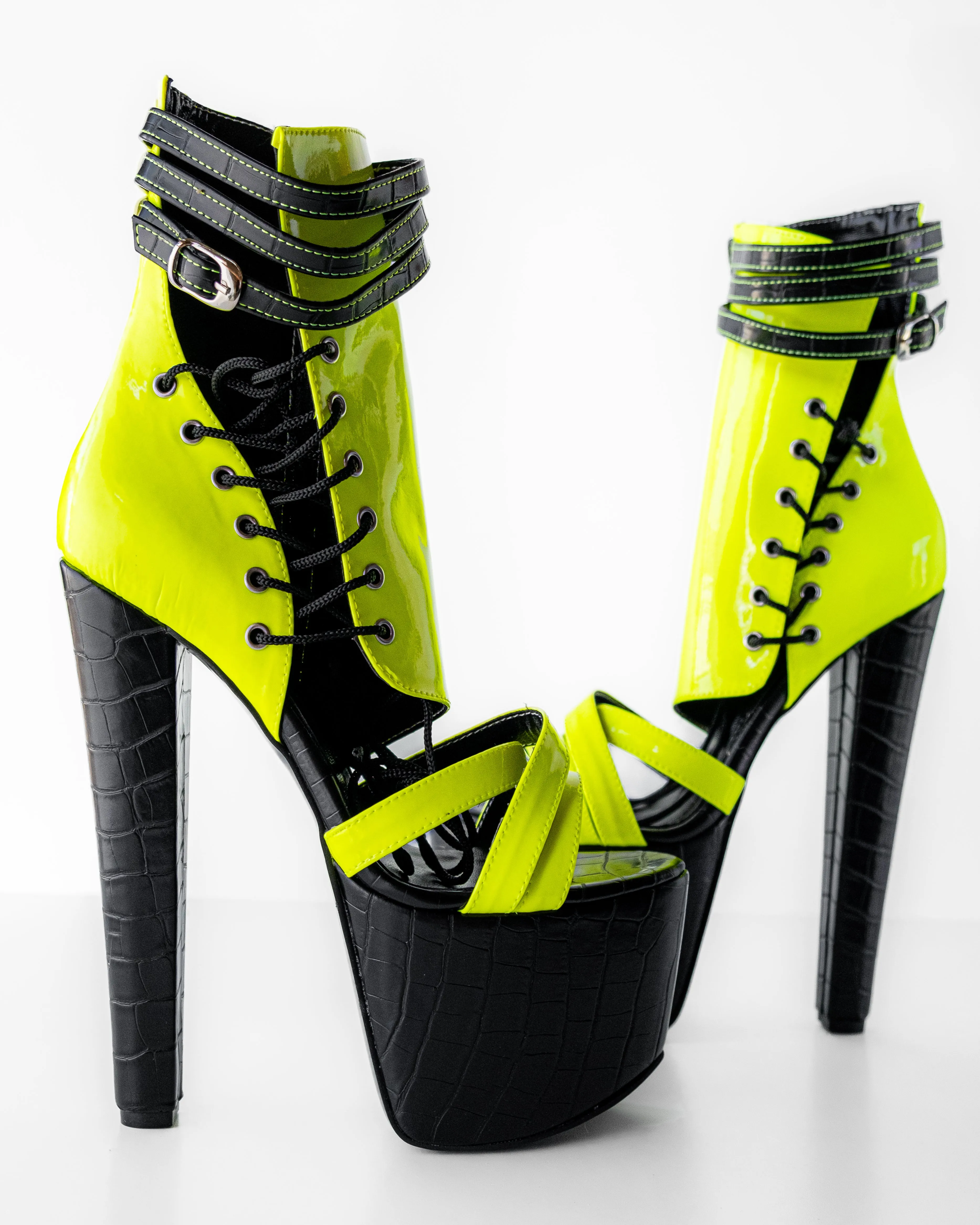 Black Croco Yellow Neon Side Lace High Heels