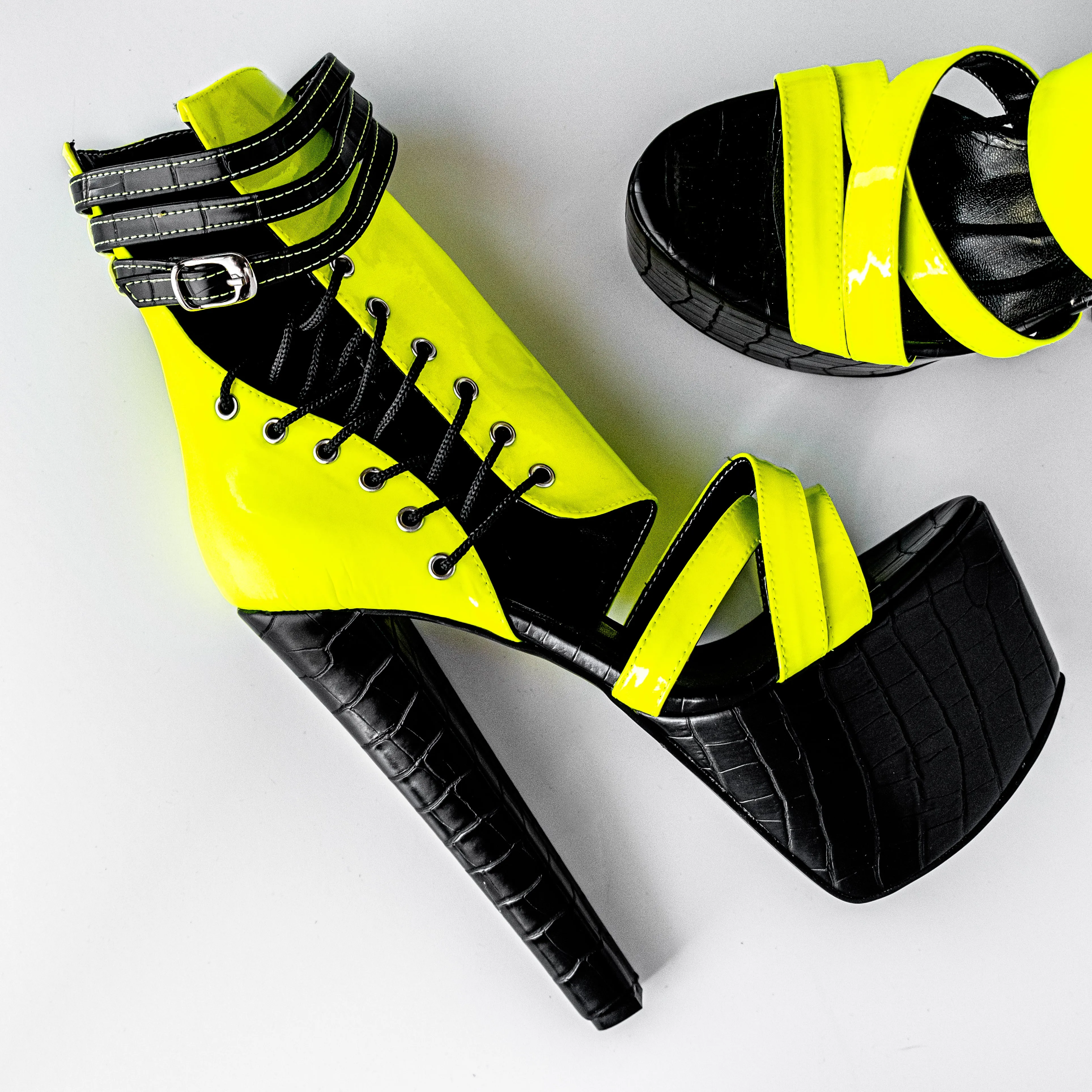 Black Croco Yellow Neon Side Lace High Heels