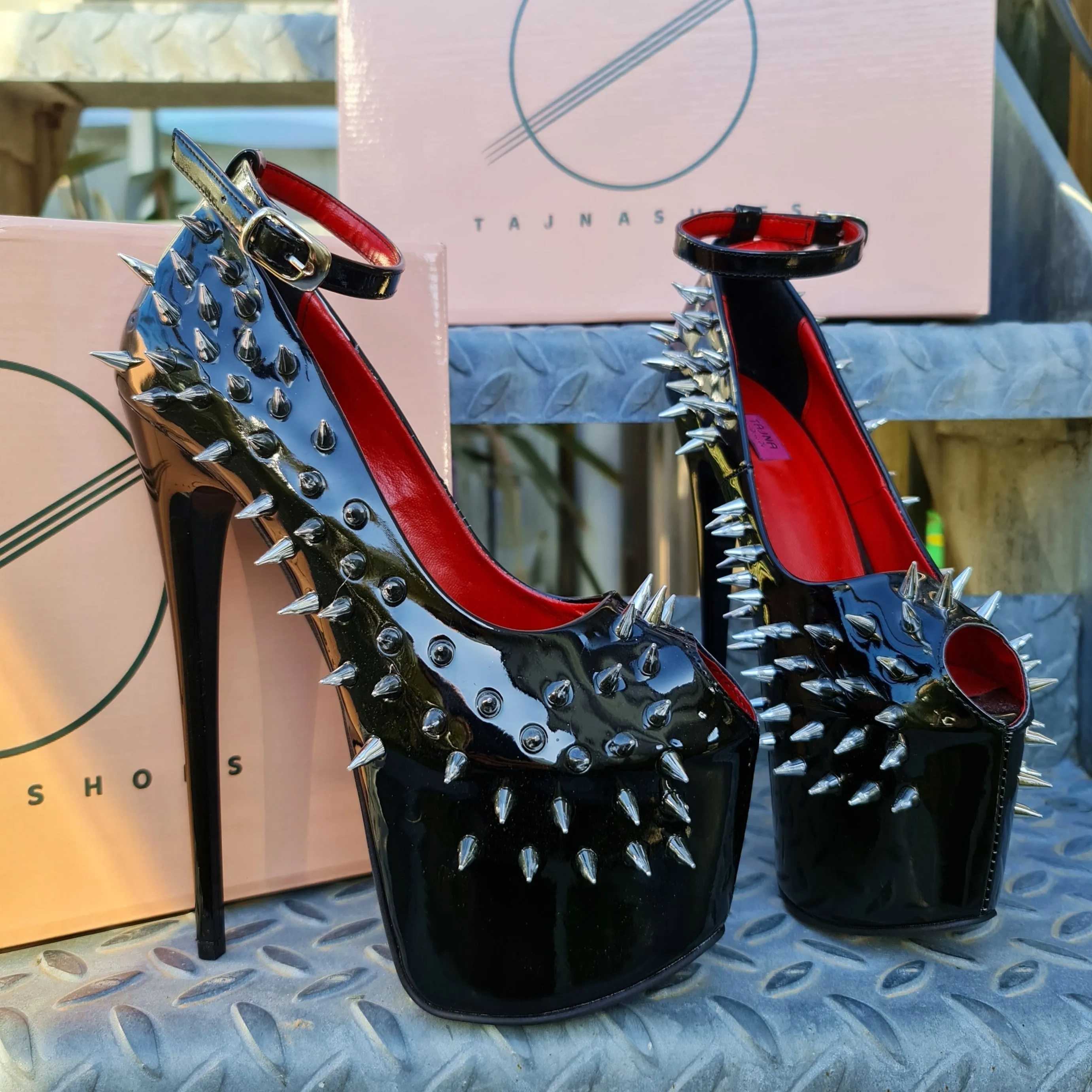 Black  Gloss Spike Studded Ankle Strap Heels