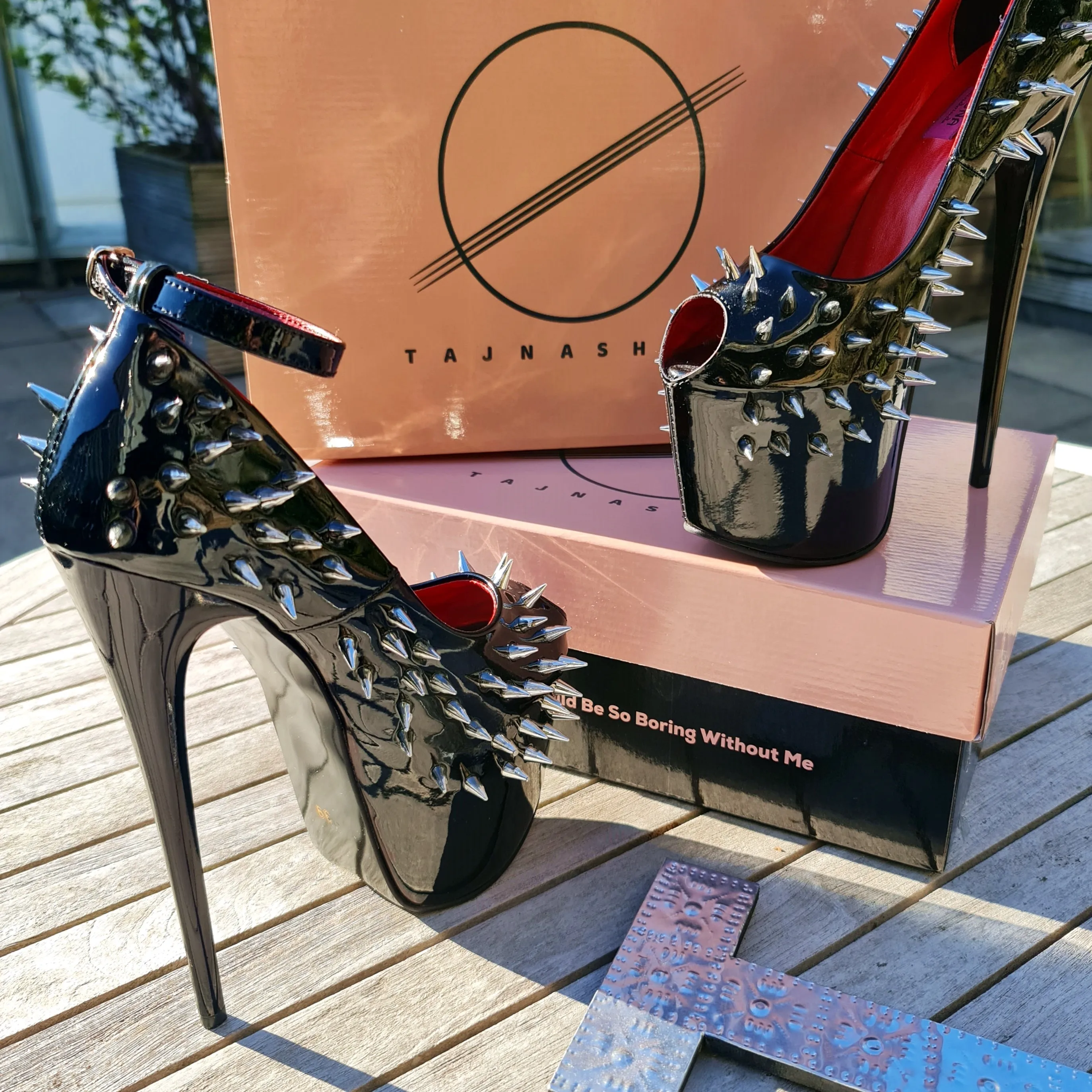 Black  Gloss Spike Studded Ankle Strap Heels