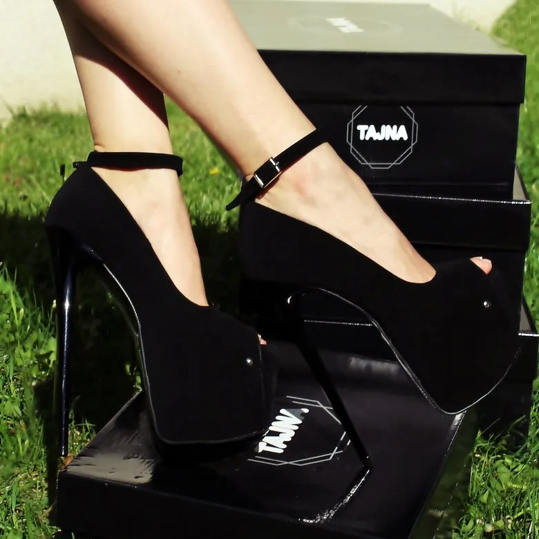 Black Suede Peep Toe Ankle Strap Platform