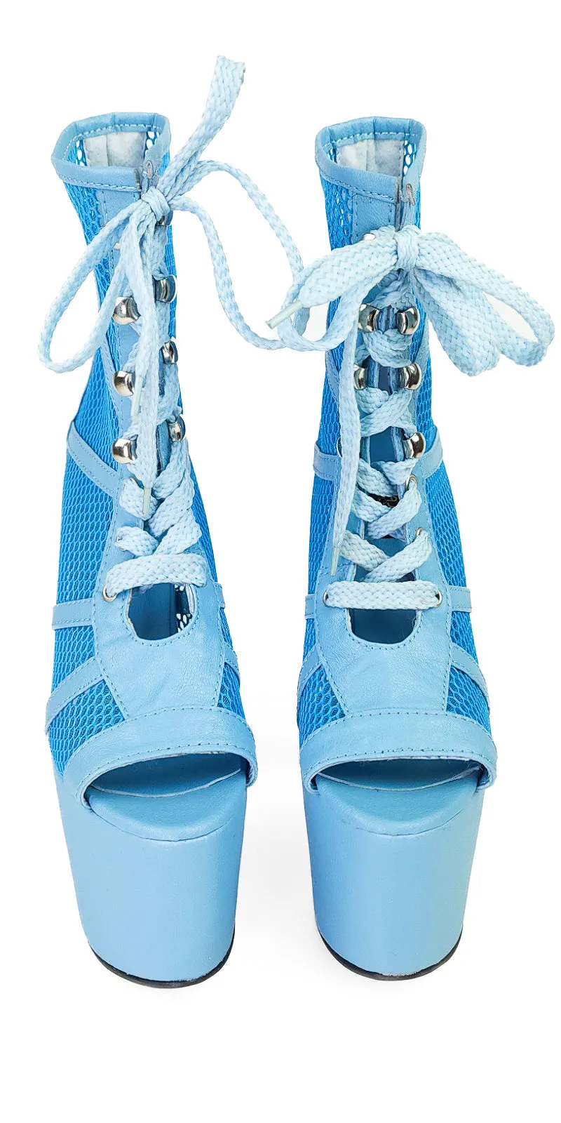 Blue Fishnet Lace-up  Platform High Heel Booties