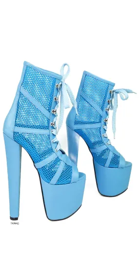 Blue Fishnet Lace-up  Platform High Heel Booties