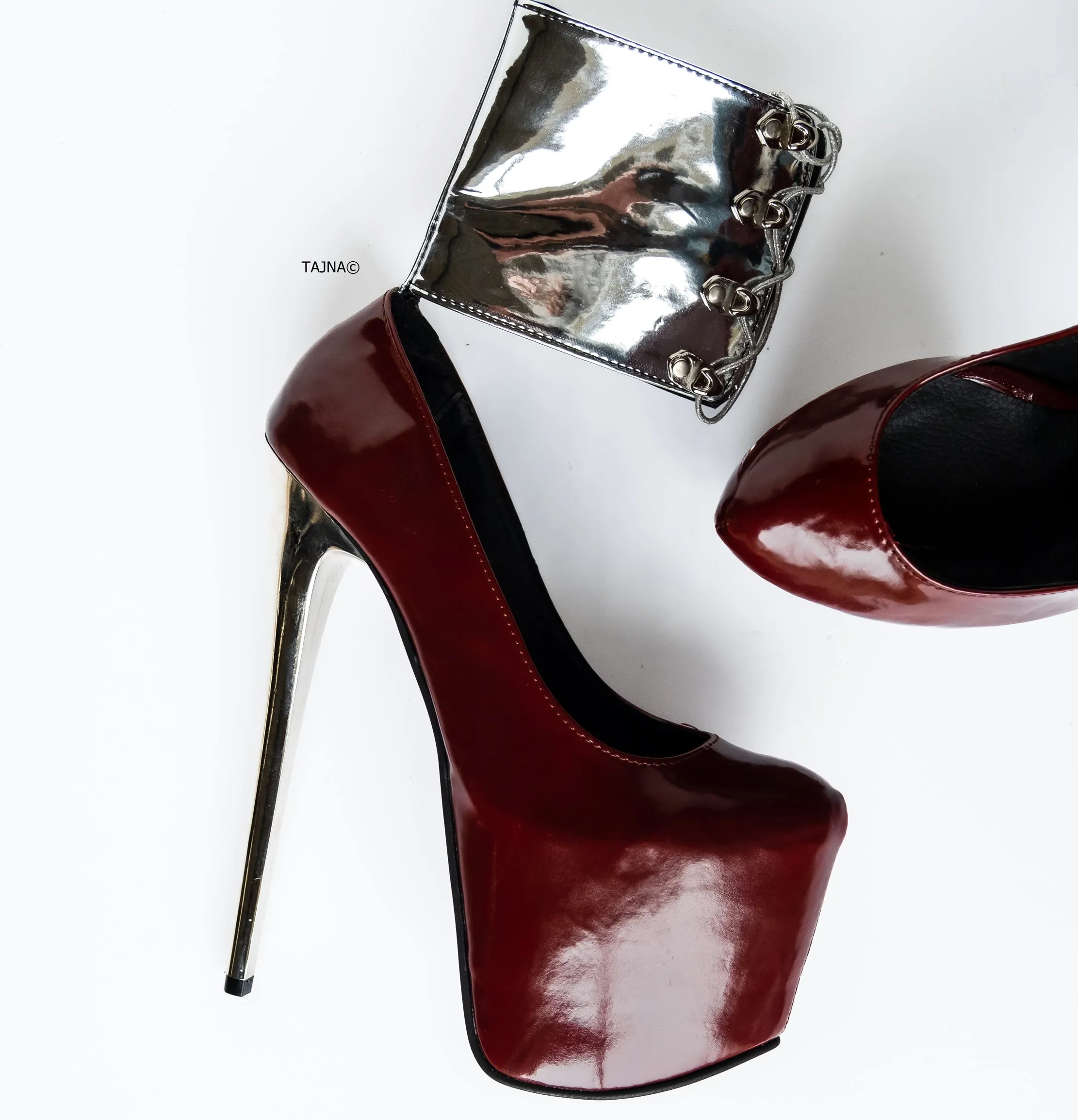 Burgundy Silver Gloss Ankle Cuff Metallic High Heels