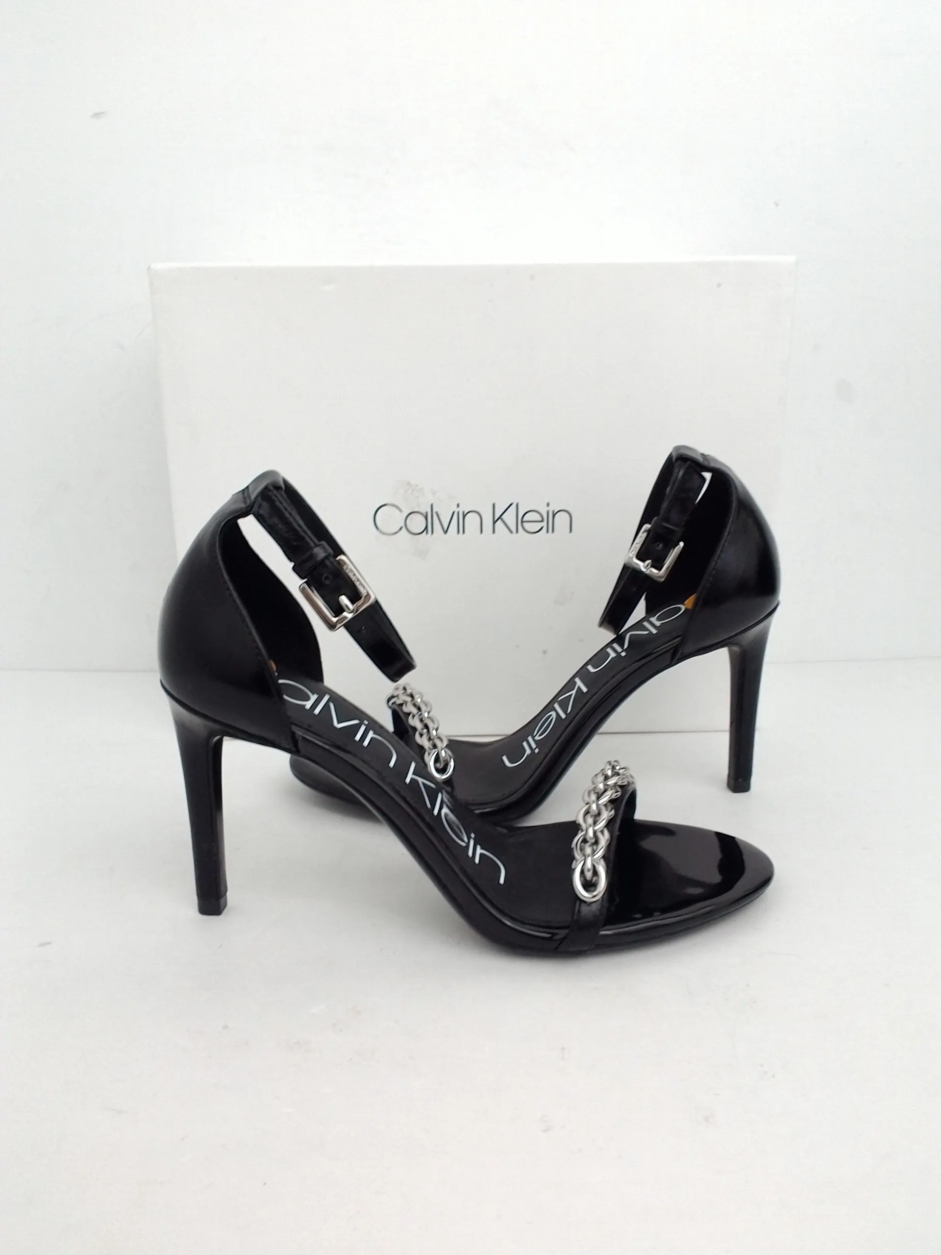 Calvin Klein Women's Ranji Black Leather Heeled Sandal Size 6 M