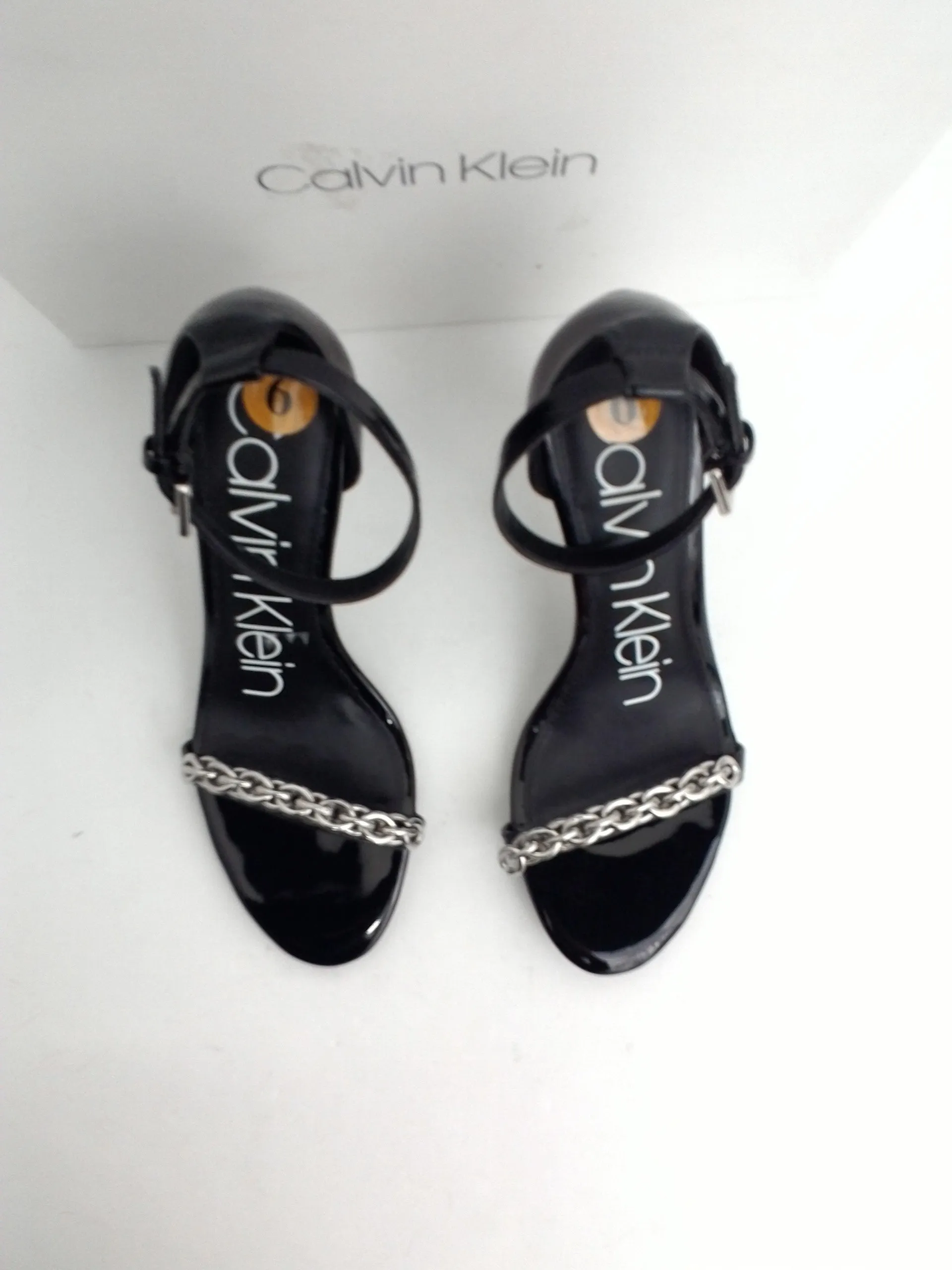 Calvin Klein Women's Ranji Black Leather Heeled Sandal Size 6 M