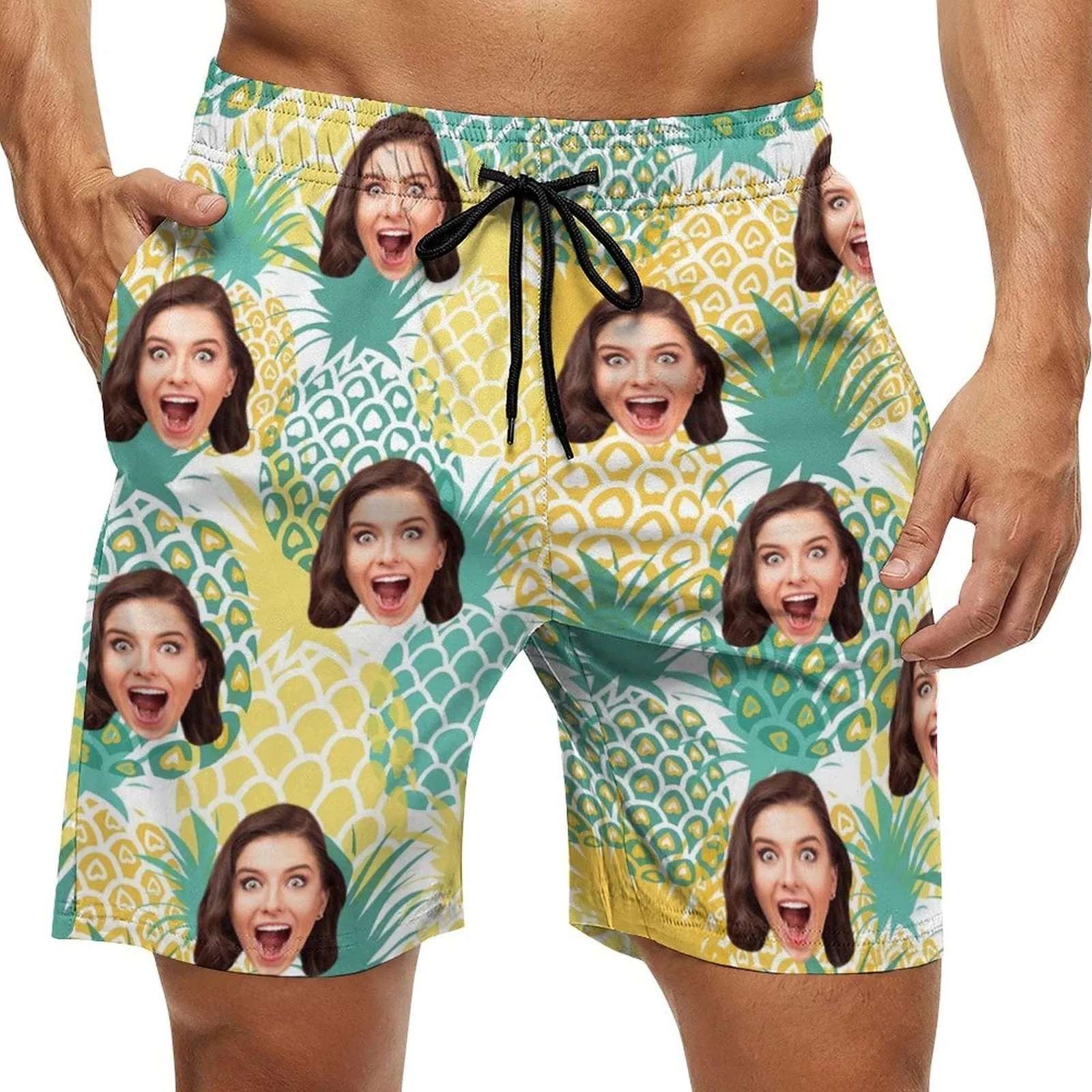 Custom Girlfriend Face Pineapple Yellow Men's Casual Beach Shorts with Drawstring