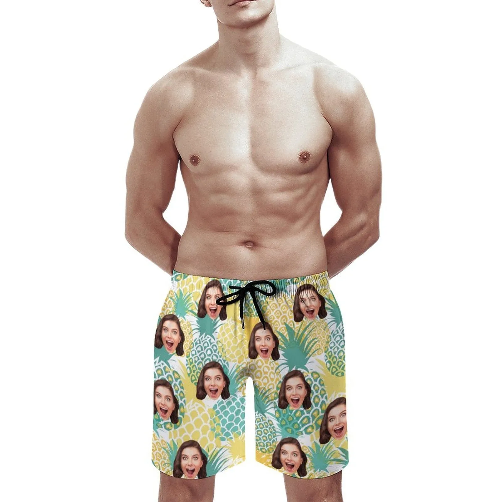 Custom Girlfriend Face Pineapple Yellow Men's Casual Beach Shorts with Drawstring