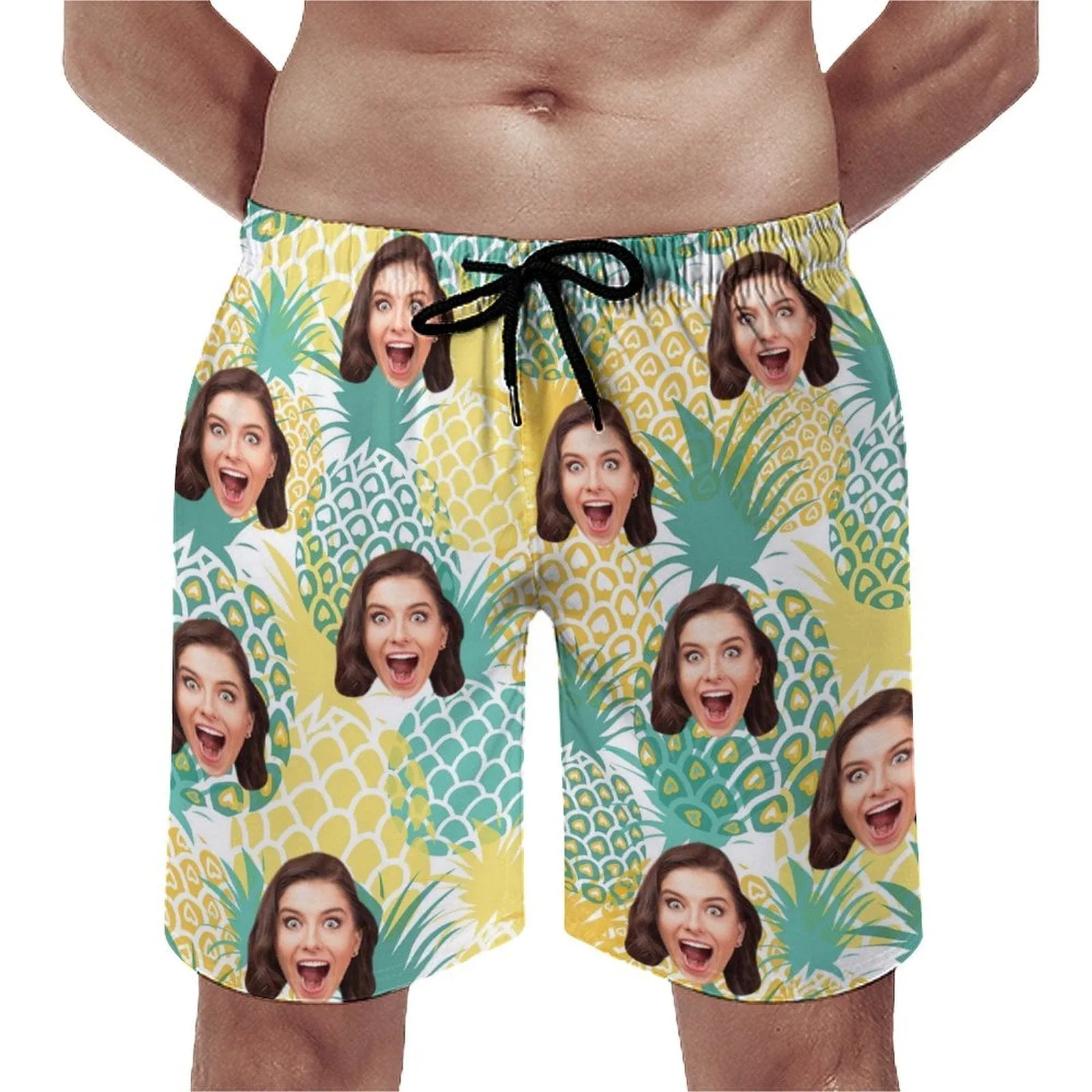 Custom Girlfriend Face Pineapple Yellow Men's Casual Beach Shorts with Drawstring