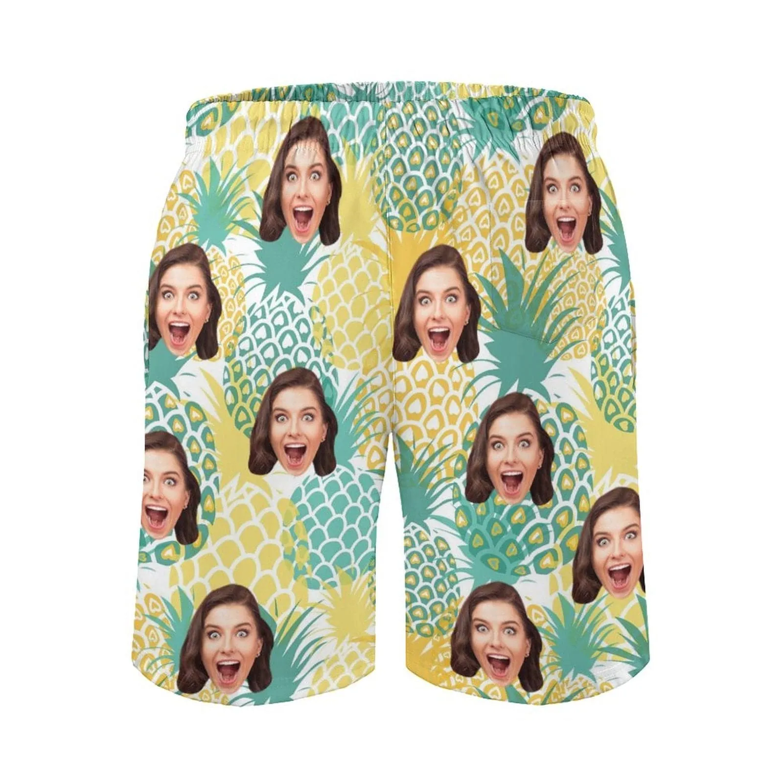 Custom Girlfriend Face Pineapple Yellow Men's Casual Beach Shorts with Drawstring