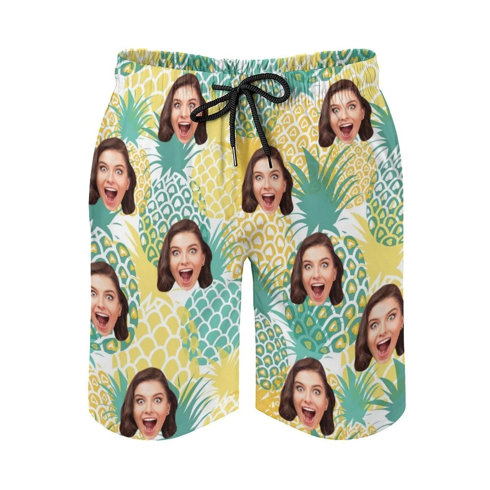 Custom Girlfriend Face Pineapple Yellow Men's Casual Beach Shorts with Drawstring