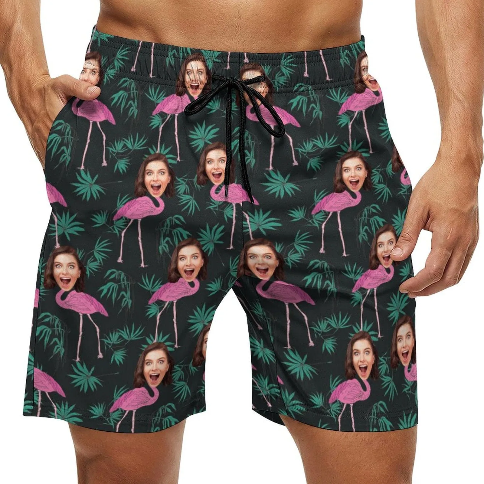 Custom Girlfriend Face Pink Flamingo Men's Casual Quick-drying Beach Shorts