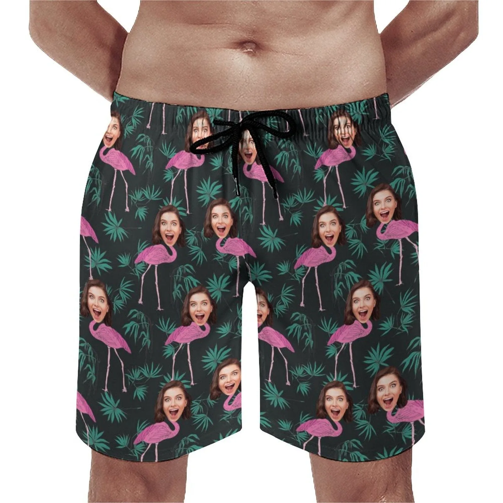 Custom Girlfriend Face Pink Flamingo Men's Casual Quick-drying Beach Shorts