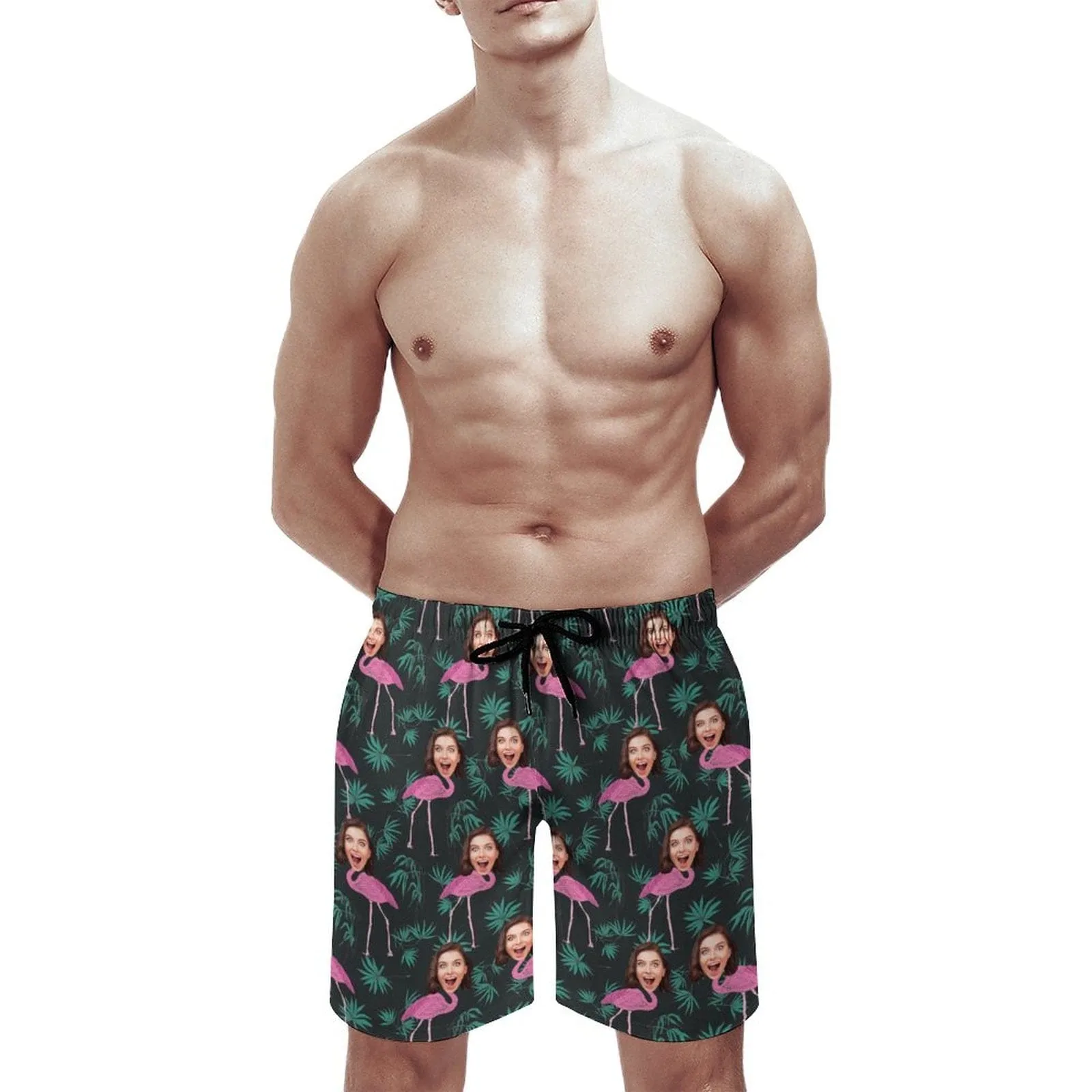 Custom Girlfriend Face Pink Flamingo Men's Casual Quick-drying Beach Shorts