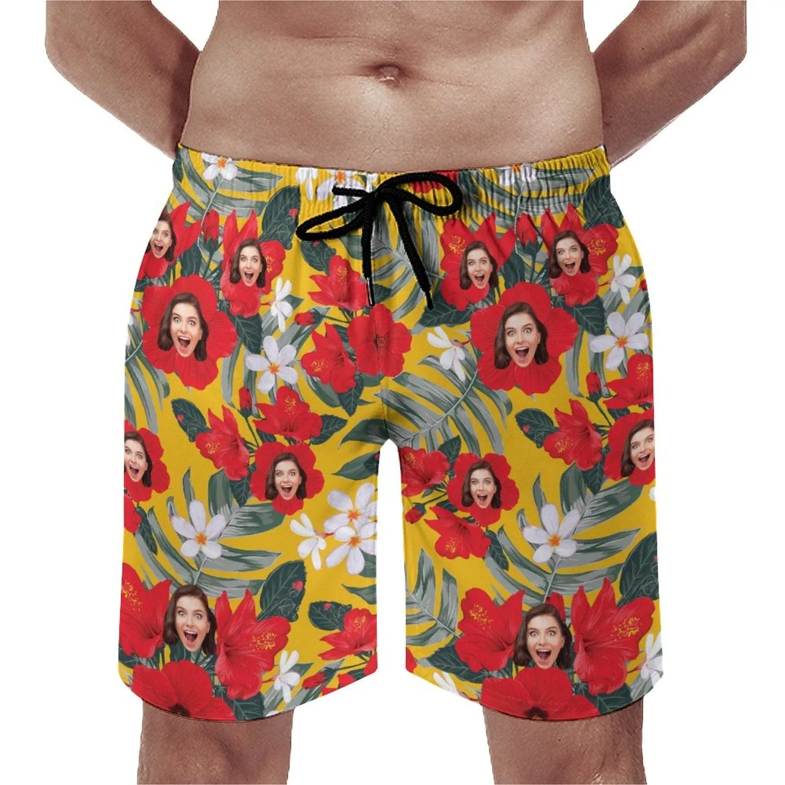 Custom Girlfriend Face Red Flowers Men's Casual Quick-drying Beach Shorts