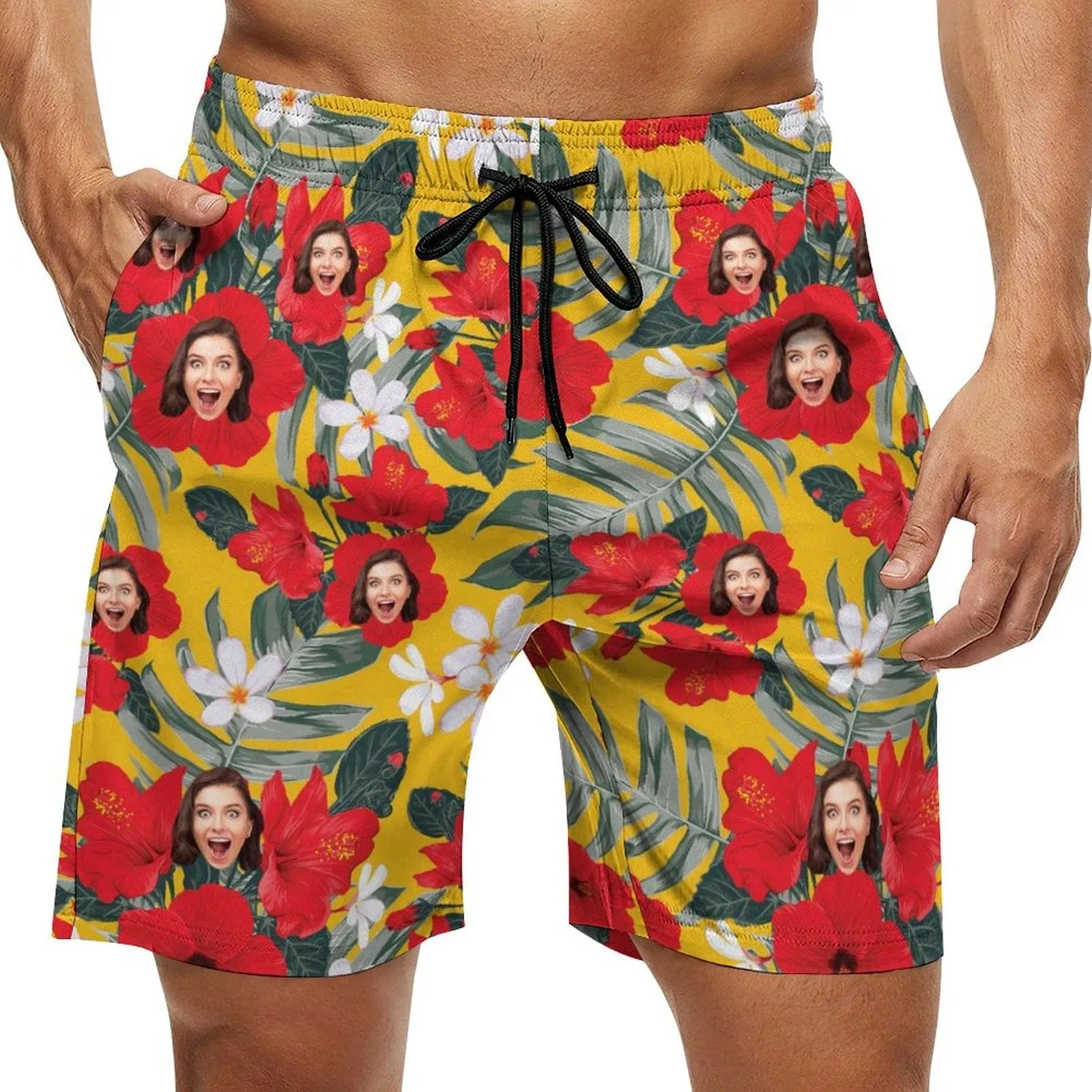 Custom Girlfriend Face Red Flowers Men's Casual Quick-drying Beach Shorts