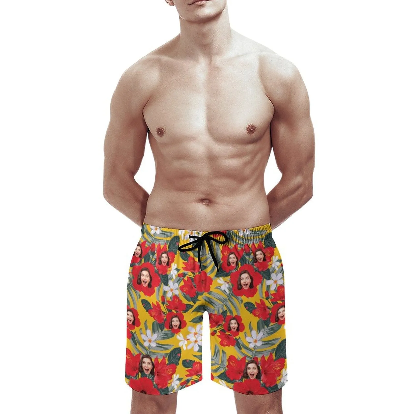 Custom Girlfriend Face Red Flowers Men's Casual Quick-drying Beach Shorts