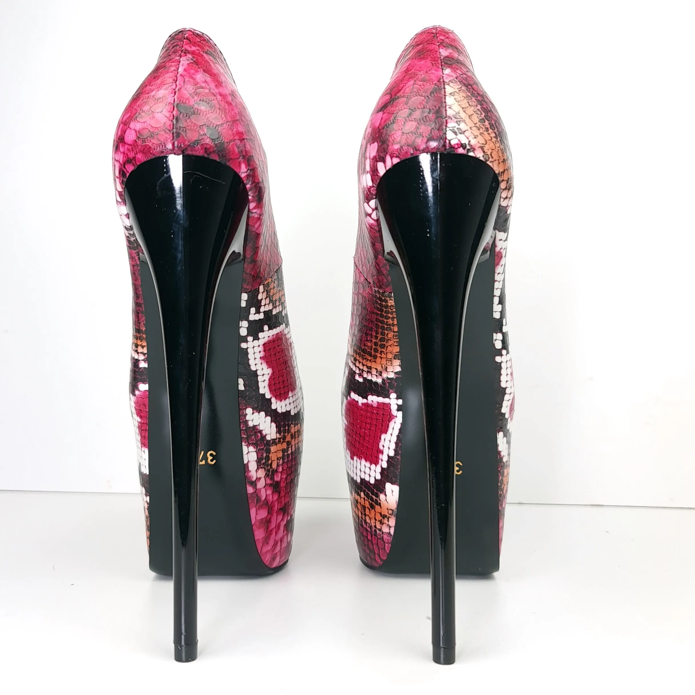 Dark Pink Orange Snake Print High Heel Pumps