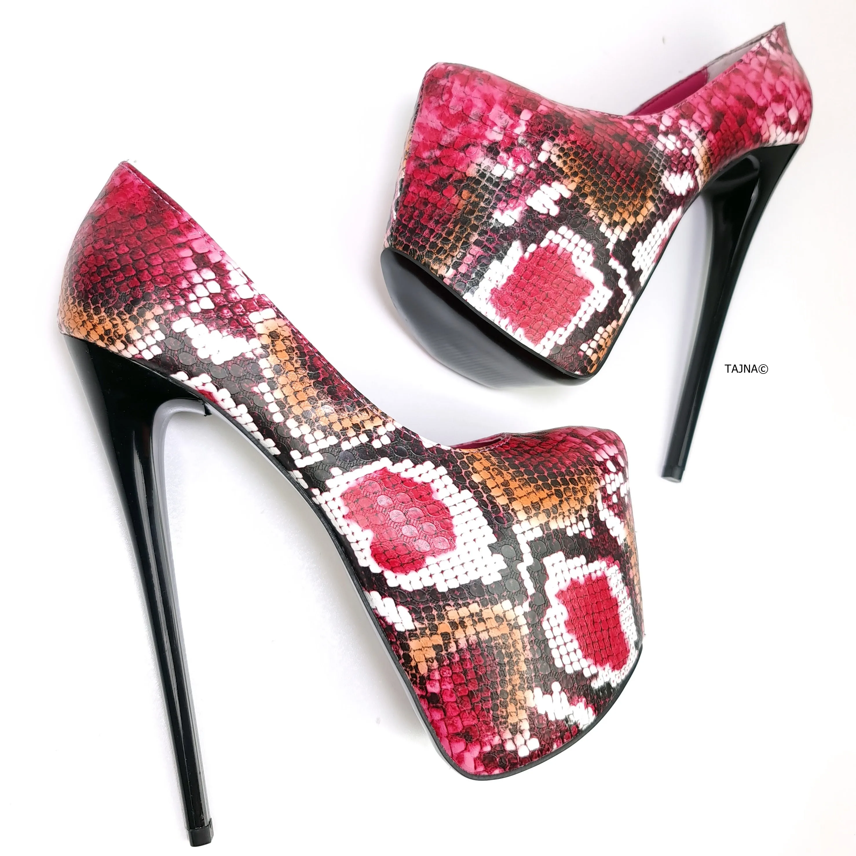 Dark Pink Orange Snake Print High Heel Pumps