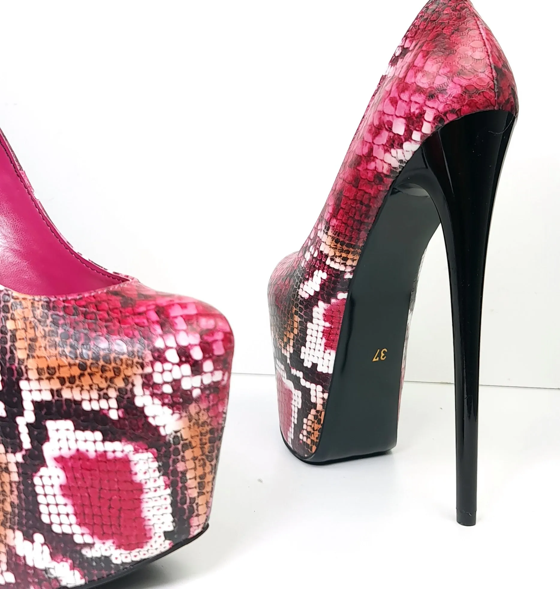 Dark Pink Orange Snake Print High Heel Pumps