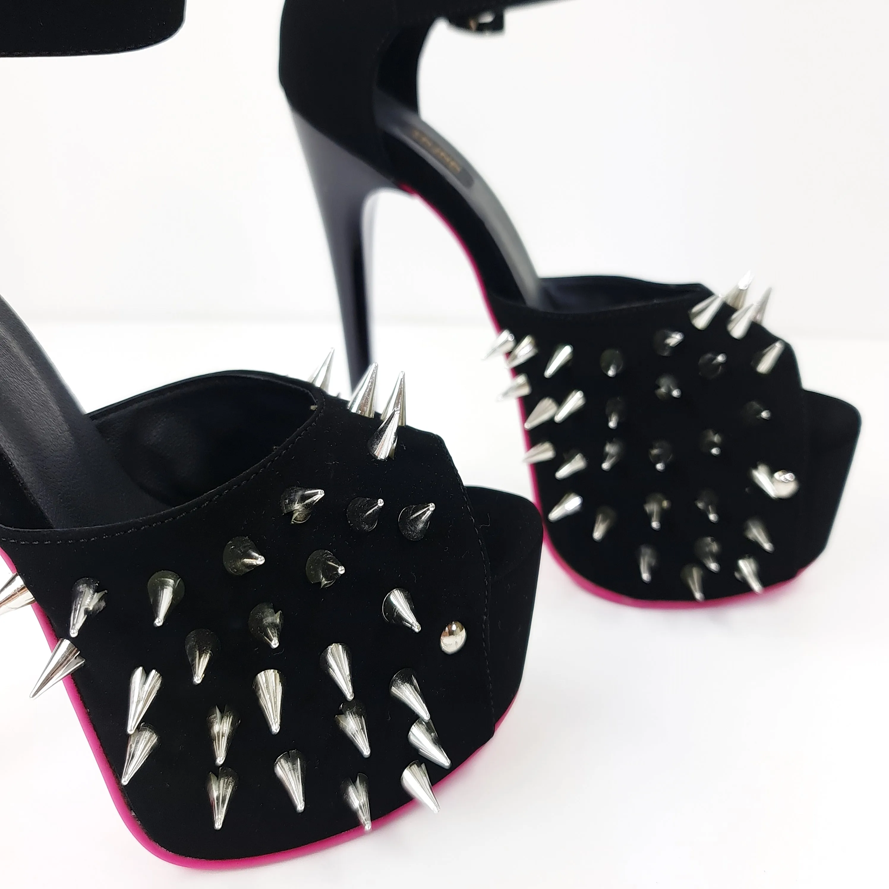 Double Ankle Strap Black Suede Spike Heels