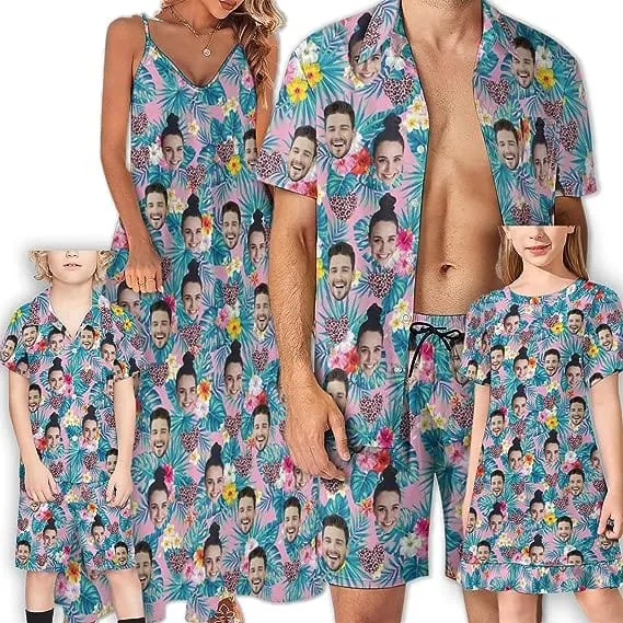 Family Hawaiian Dress Set Cruise Outfit Custom Face Floral Blue Pink Hawaiian Shirt Set&Dress