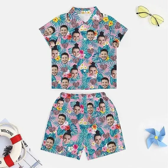 Family Hawaiian Dress Set Cruise Outfit Custom Face Floral Blue Pink Hawaiian Shirt Set&Dress