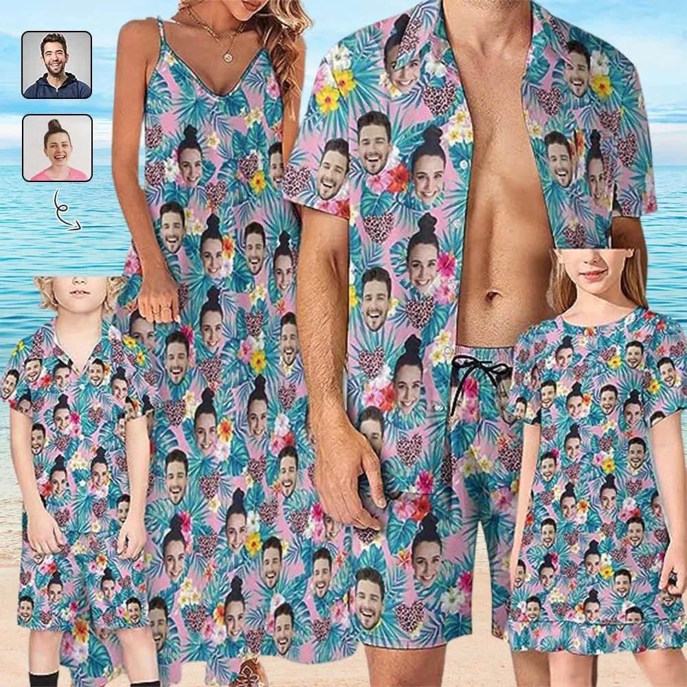 Family Hawaiian Dress Set Cruise Outfit Custom Face Floral Blue Pink Hawaiian Shirt Set&Dress