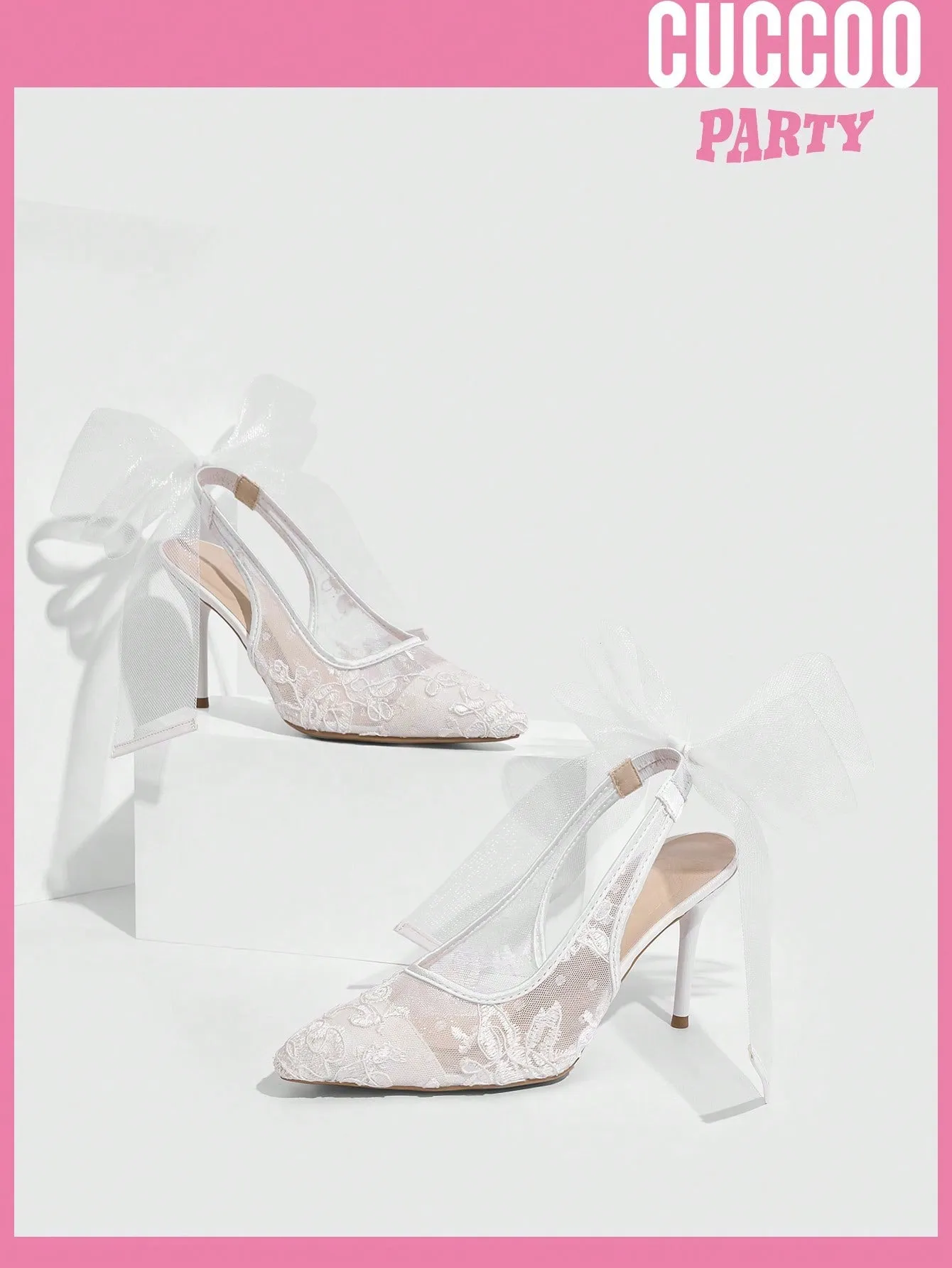 Fashionable Pointed Lace & Mesh Bow Stiletto Wedding Pumps For Women For Spring And Summer