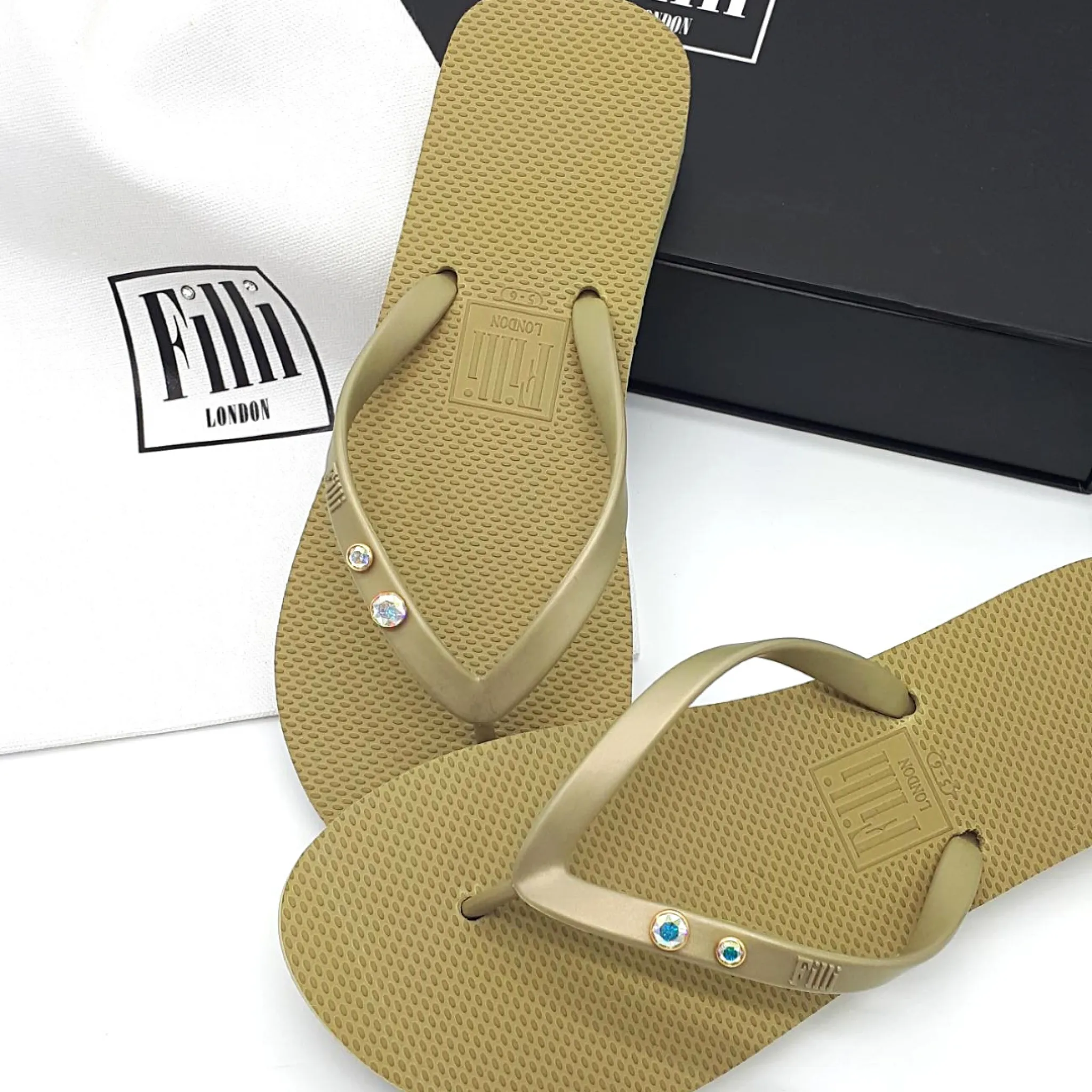 Filli London Aurora Crystal Duo Luxury Flip Flops - Gold