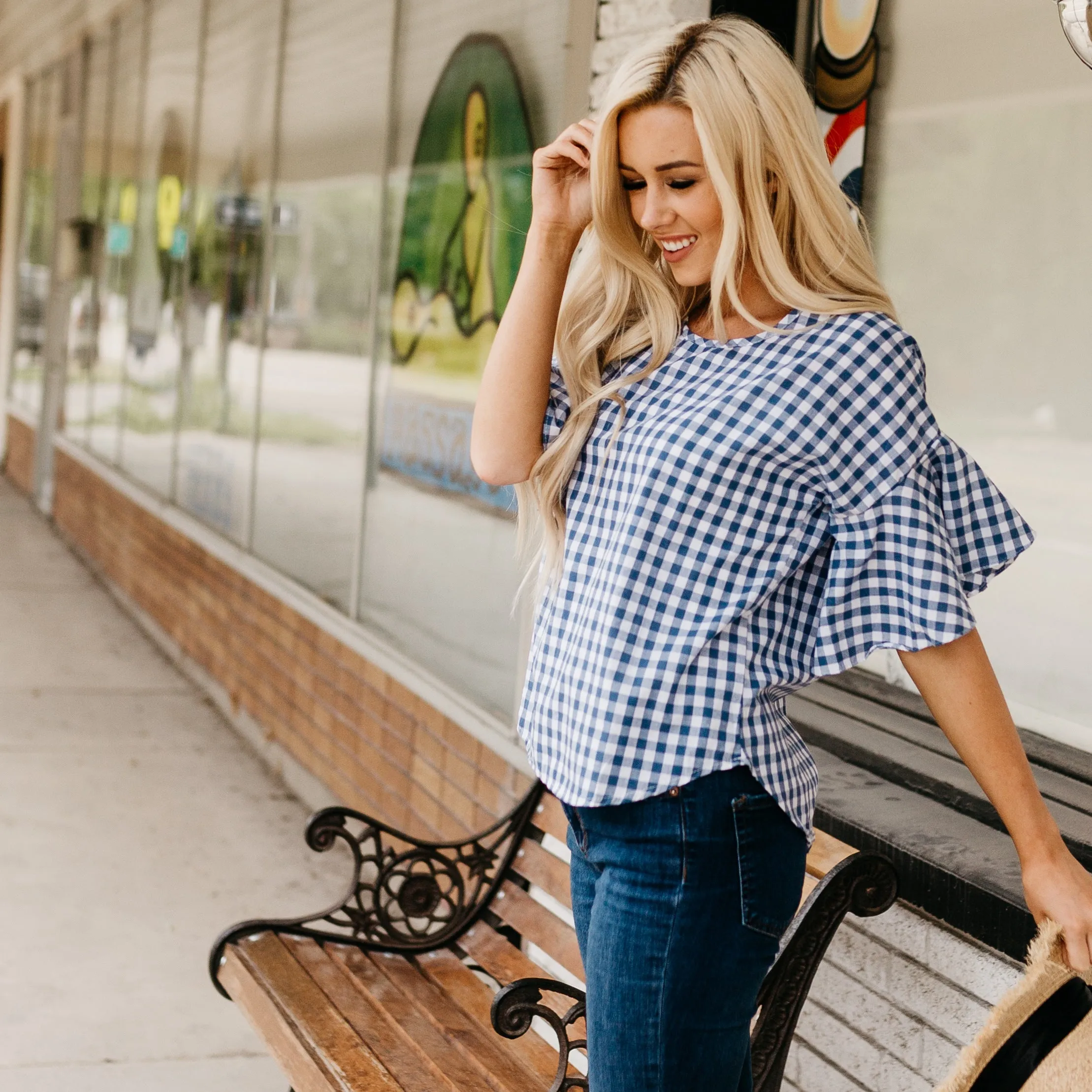 Gingham Top with Flutter Sleeves: Navy