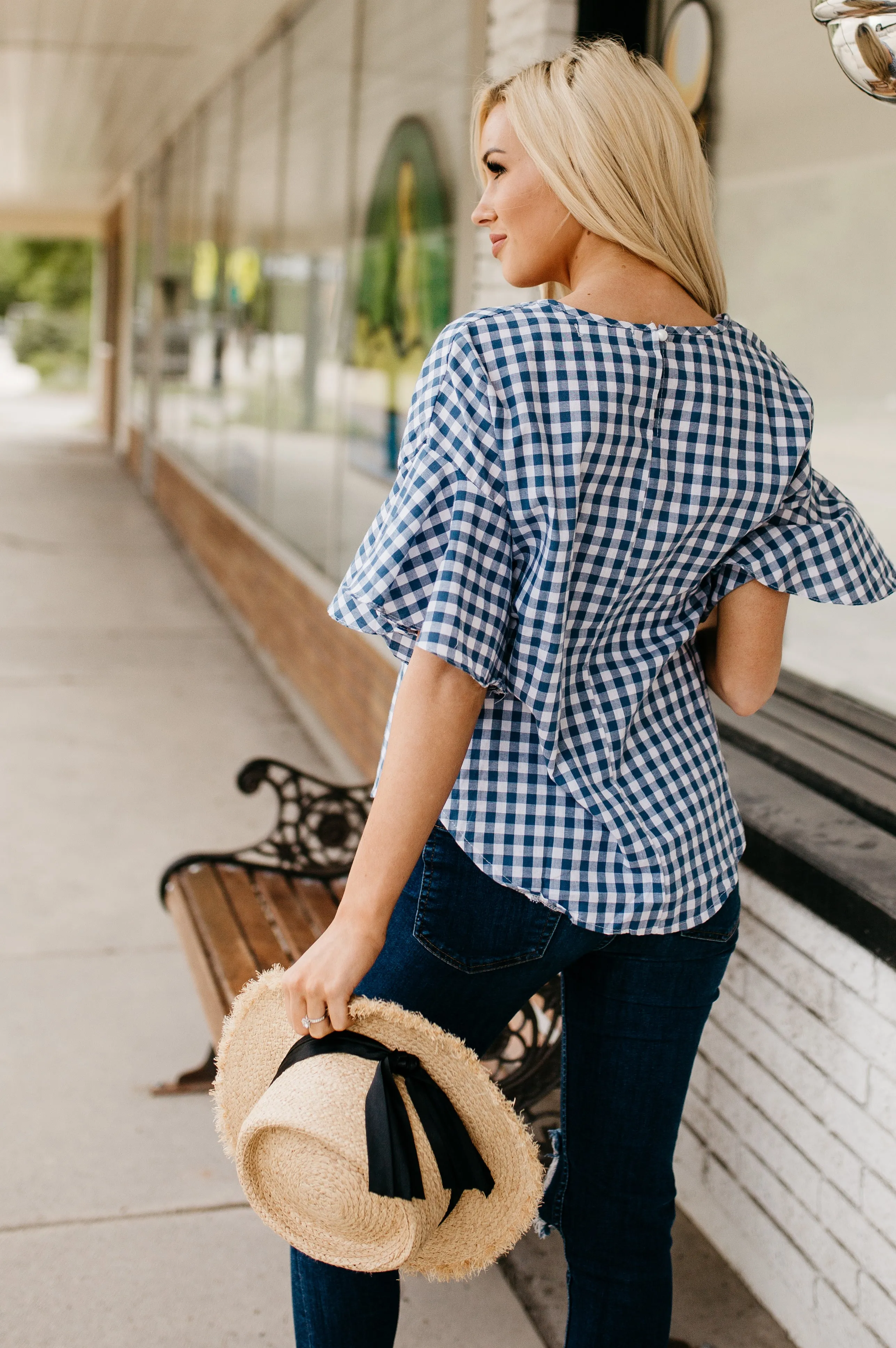 Gingham Top with Flutter Sleeves: Navy