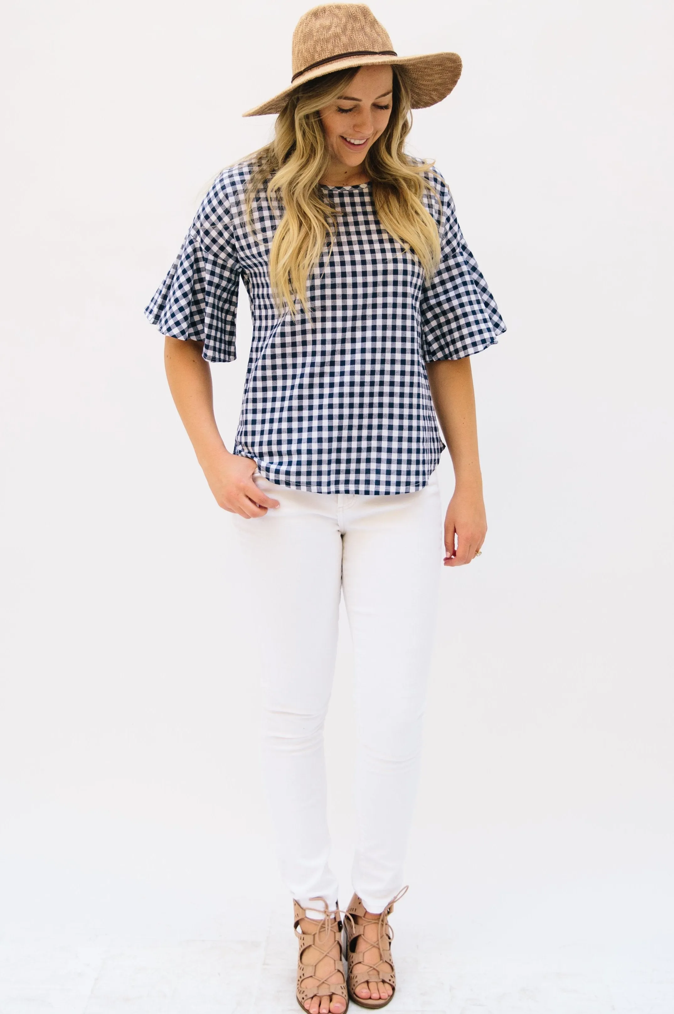 Gingham Top with Flutter Sleeves: Navy