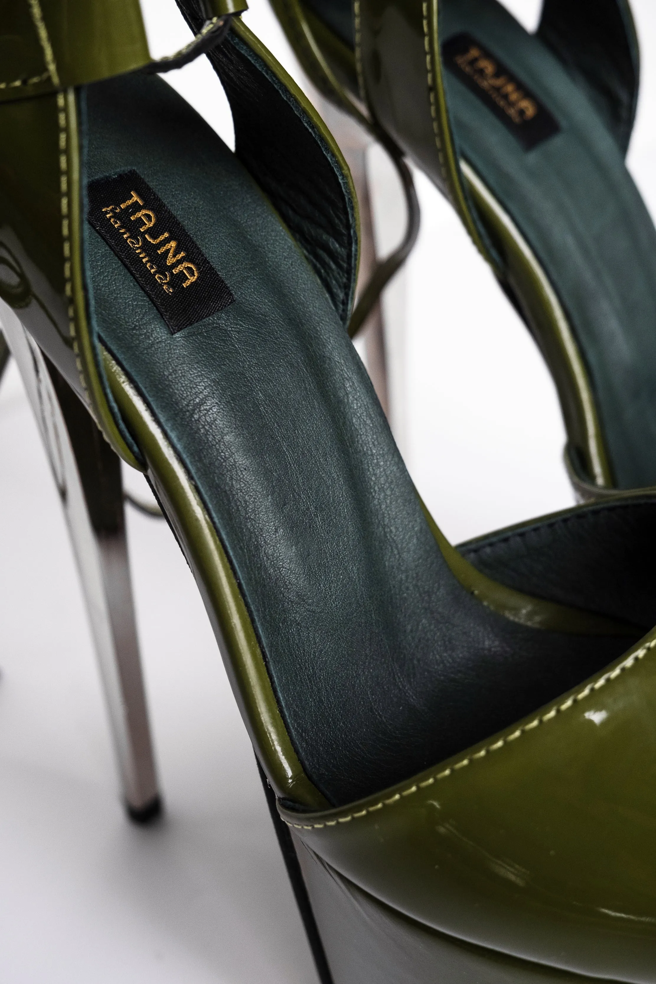 Green Gloss Lace Up Metallic High Heel Sandals