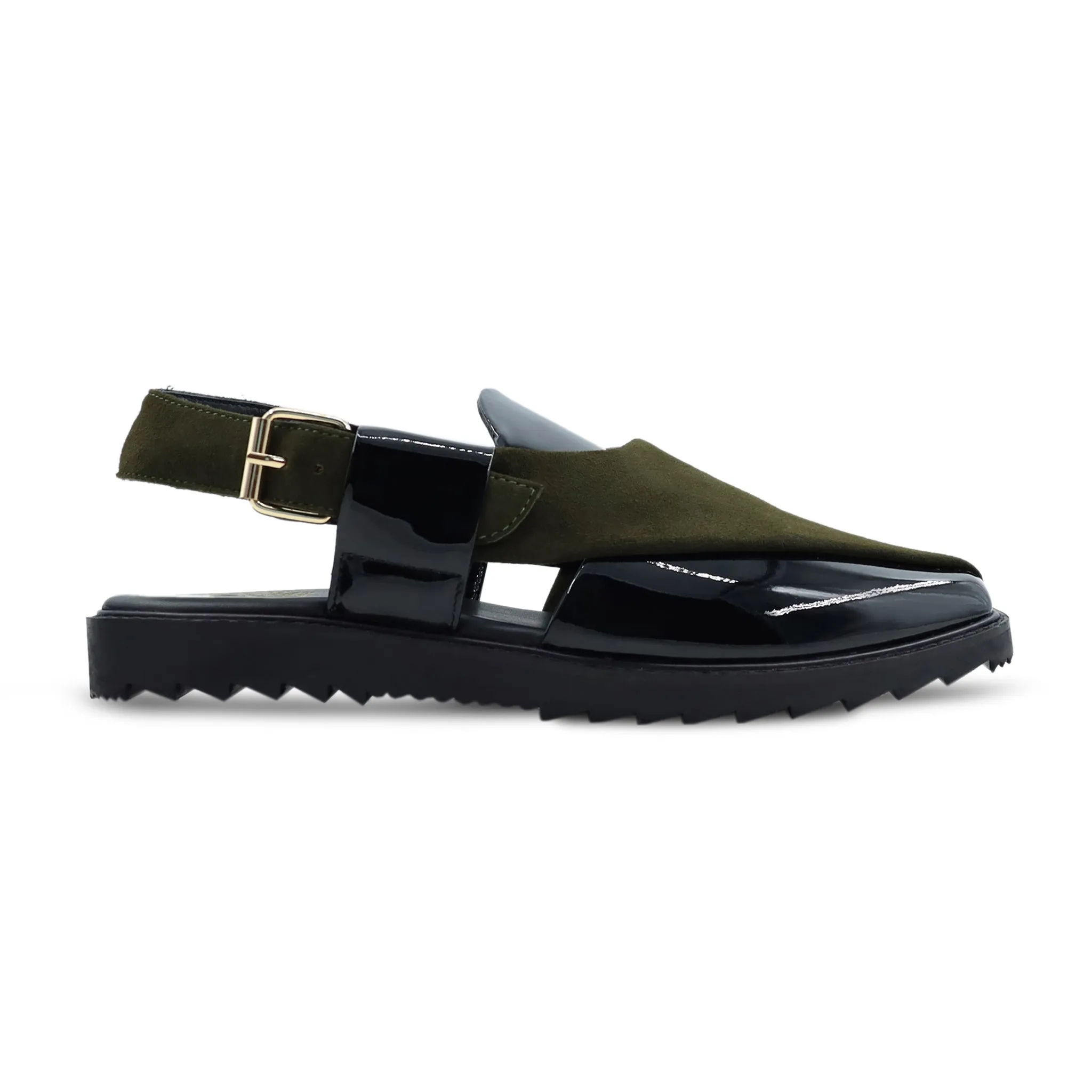 Hassium - Men's Black Patent And Olive Green Kid Suede Sandal