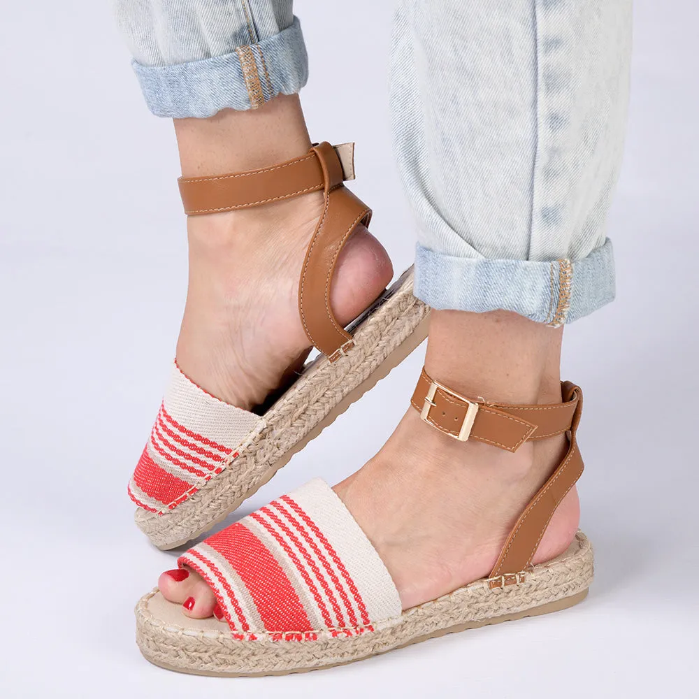 Madison Nautical Stripped Peep Toe Espadrille - Beige/Red