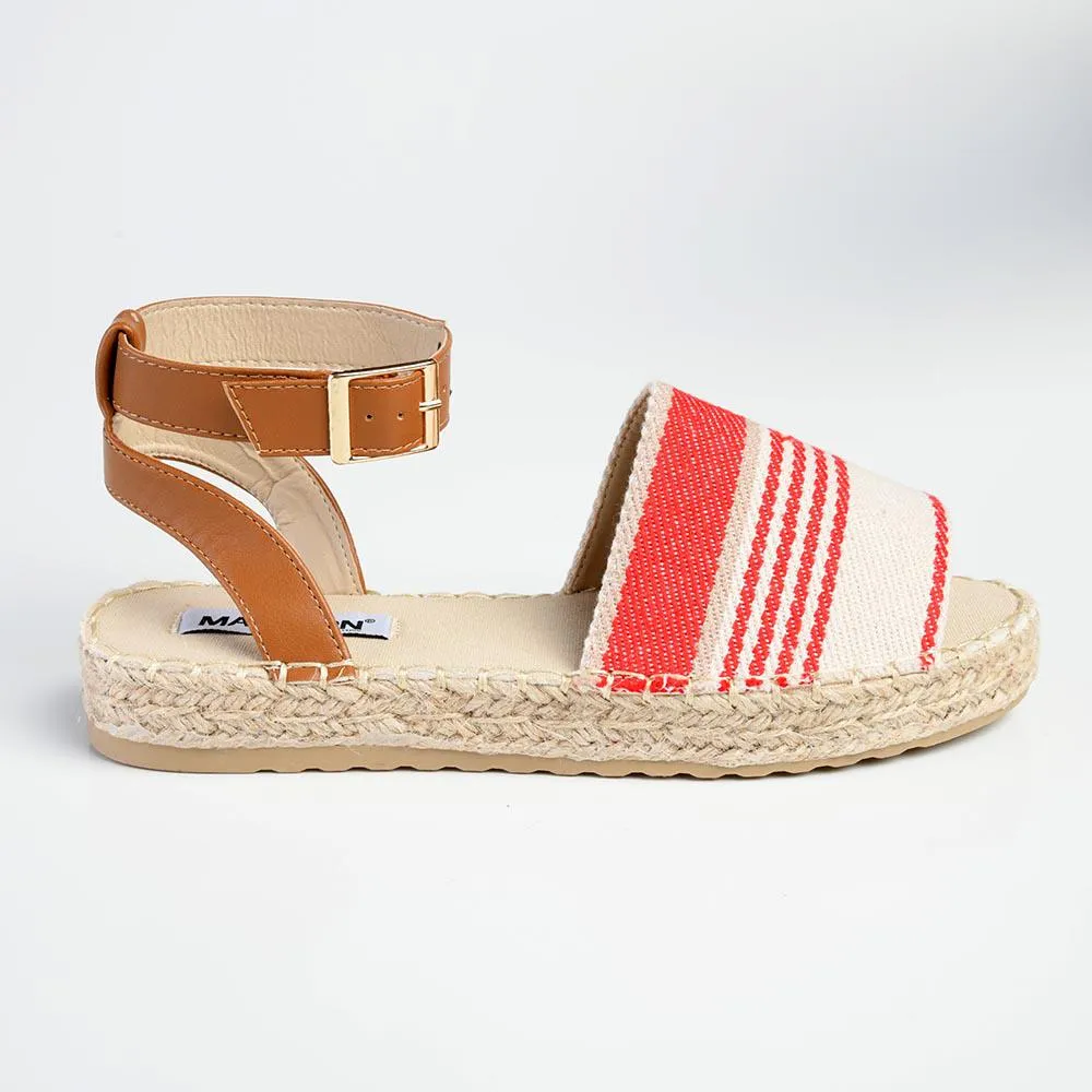 Madison Nautical Stripped Peep Toe Espadrille - Beige/Red