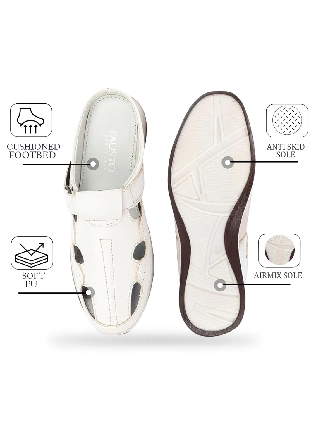 Men White Casual Back Open Perforated Day Long Comfort Slip On Sandals