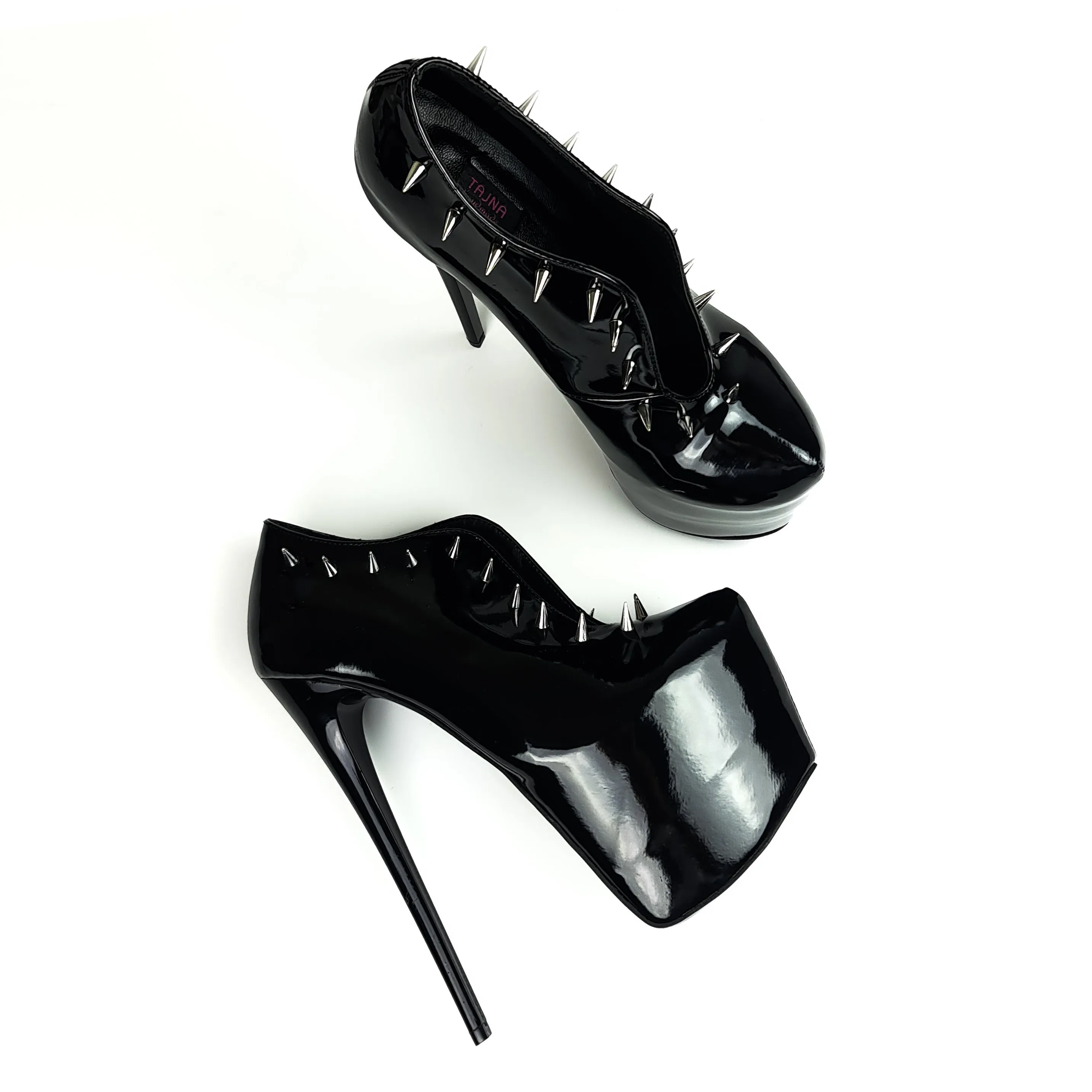 Mid Slit Black Gloss Spiked Ankle Cut High Heels