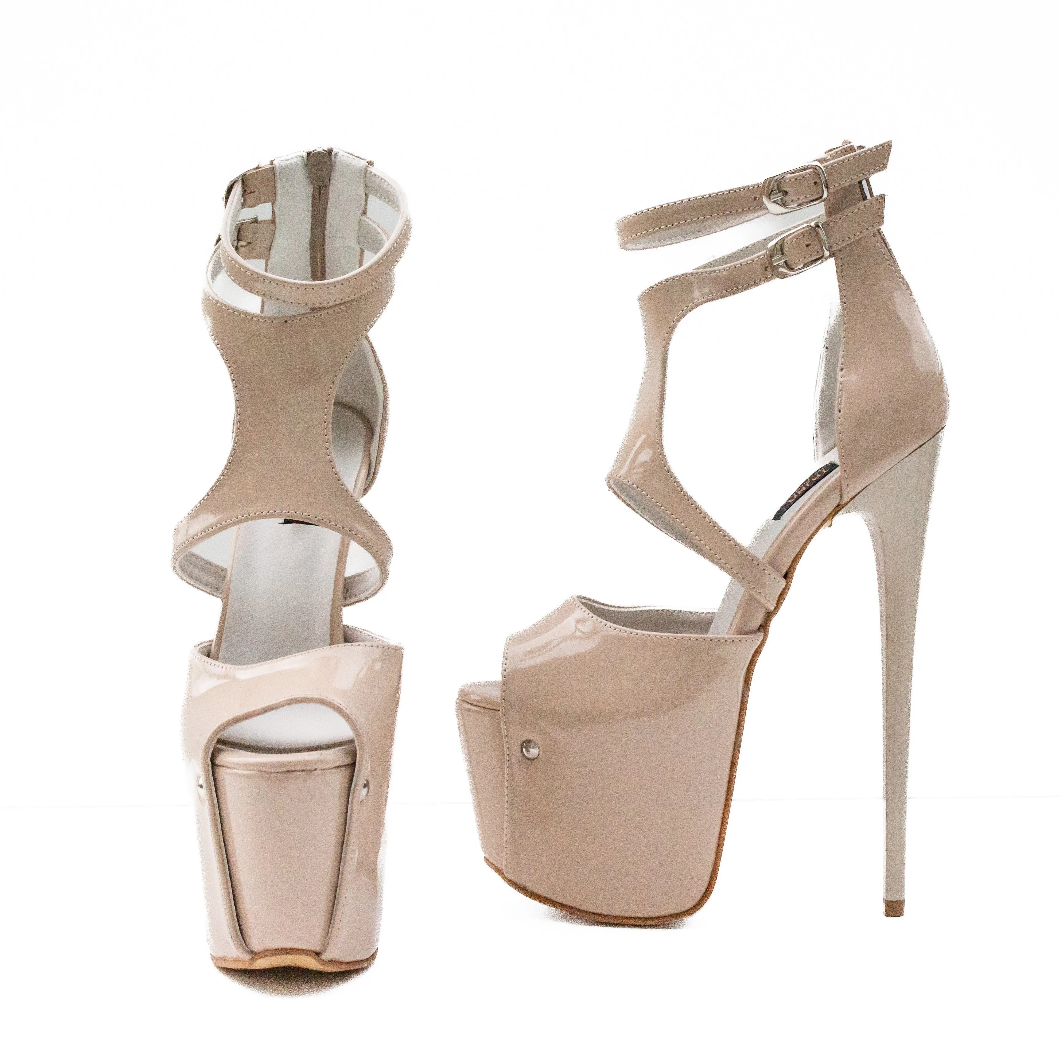 Nude Gloss Ankle Strap Peep Toe Platform Heels