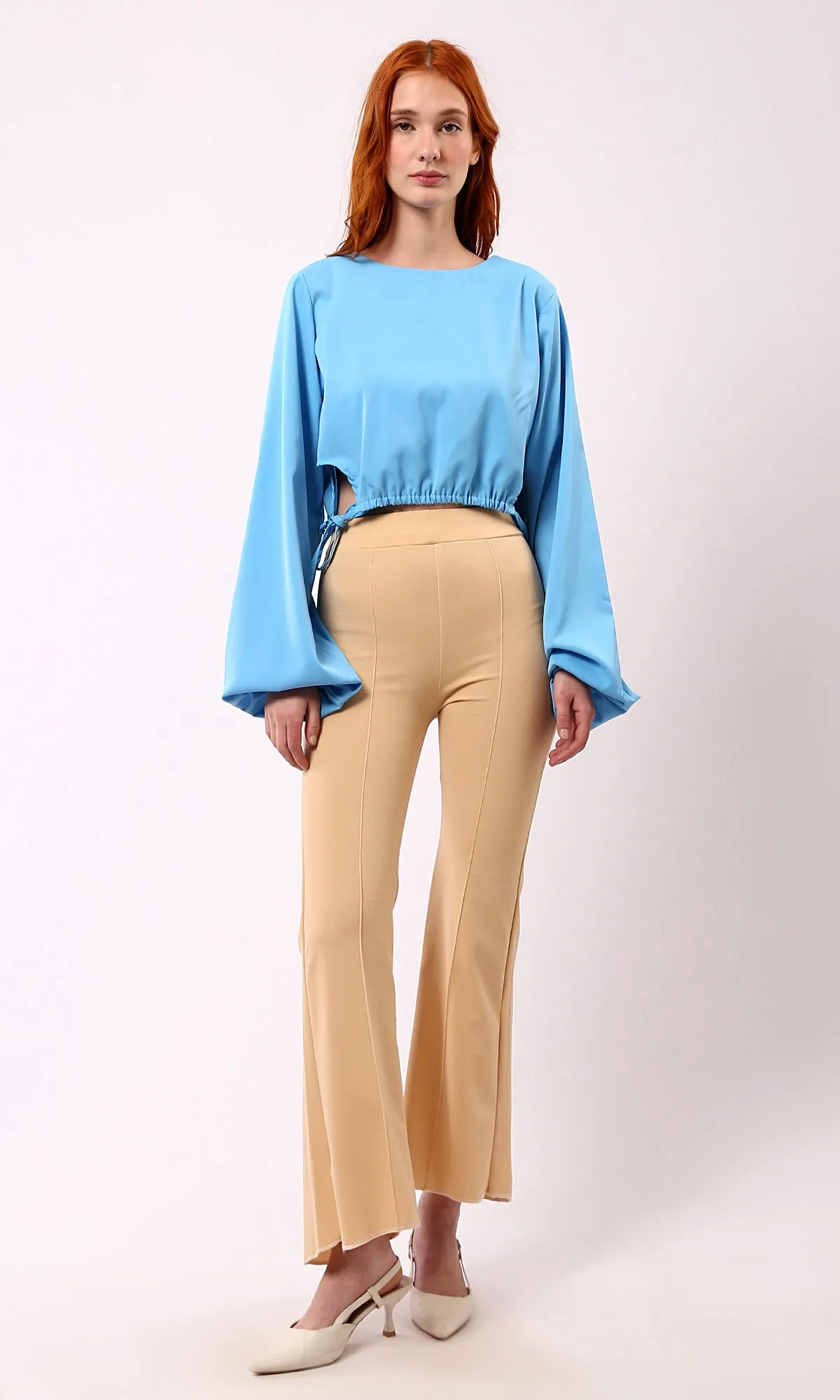 O188405 Solid Sky Blue Short Blouse With Boat Neck