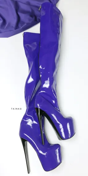 Purple Gloss Back Zip Over Knee Boots