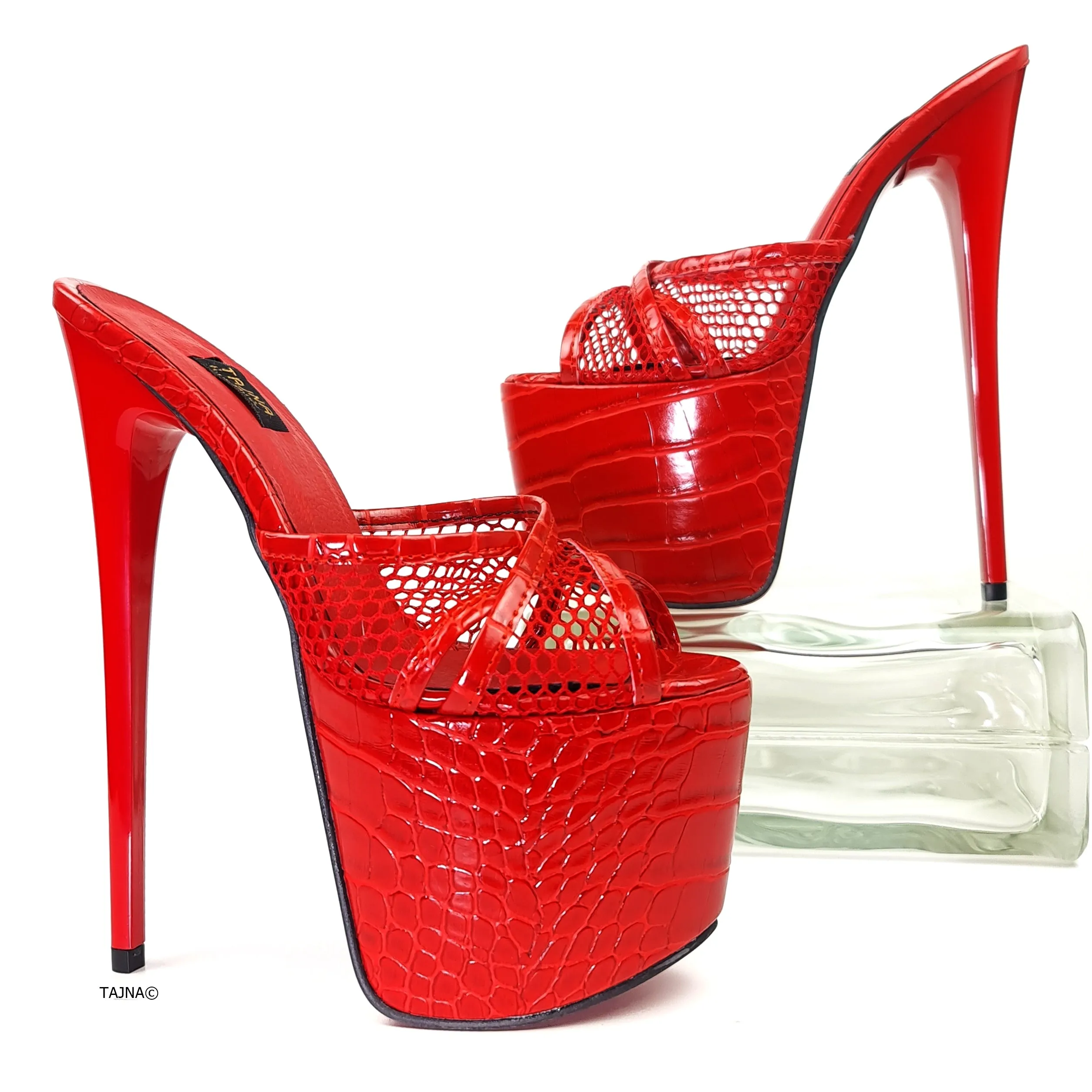 Red Croco Fishnet Strap High Heel Mules