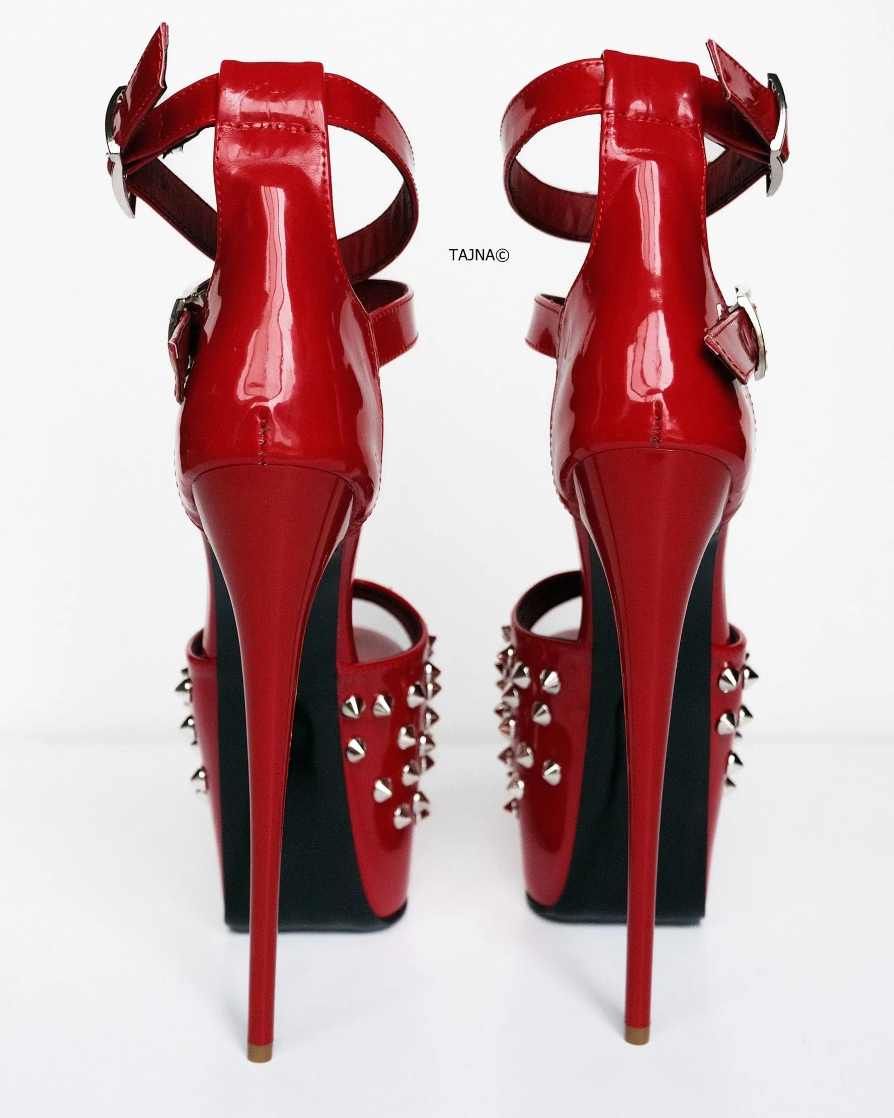 Red Spike Studded Double Belted Heels